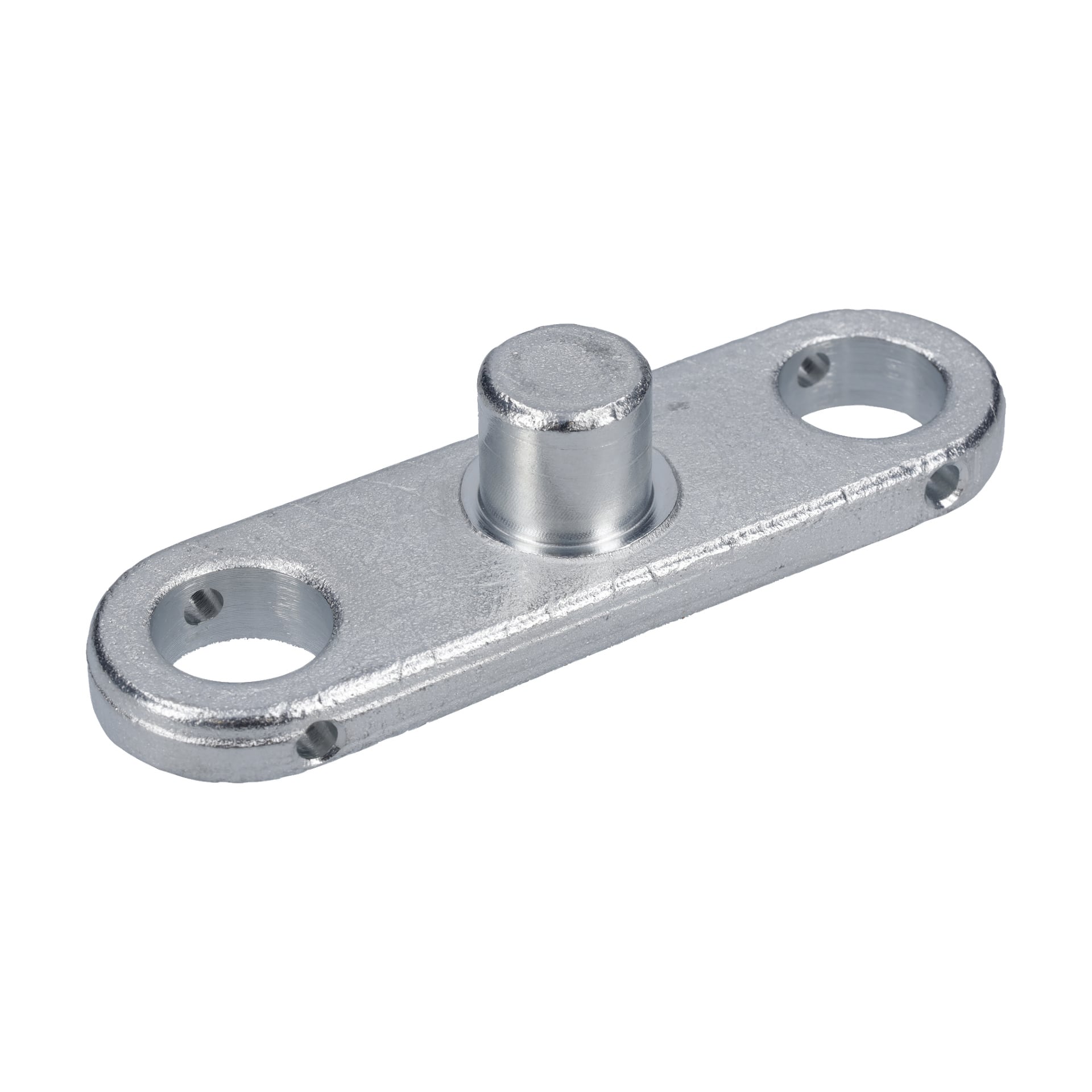 Silverfärgad metallfäste, hjulhållare Dolly F. 022277, har två runda hål i varje ände och en central cylindrisk tapp med en slät yta.