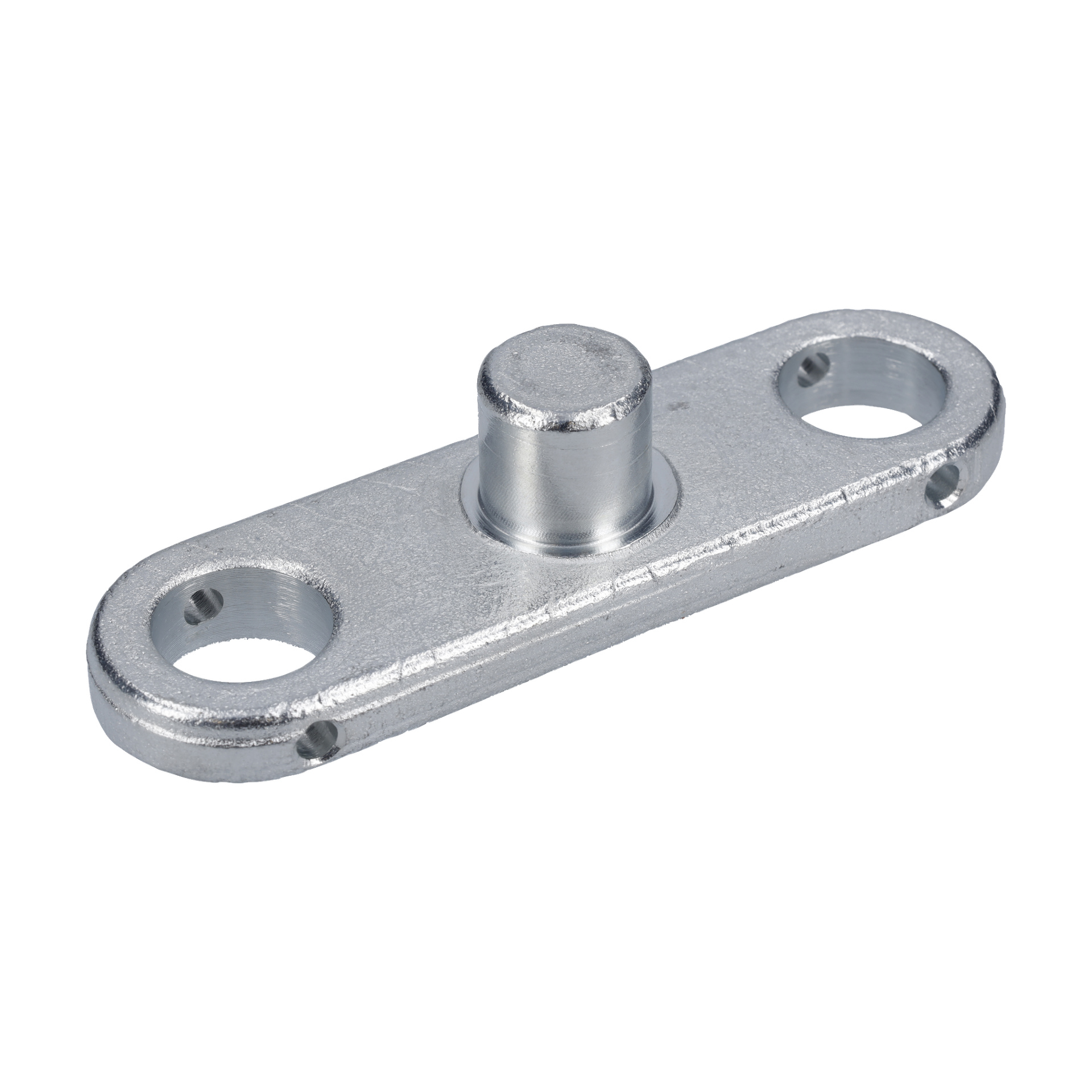 Silverfärgad metallfäste, hjulhållare Dolly F. 022277, har två runda hål i varje ände och en central cylindrisk tapp med en slät yta.