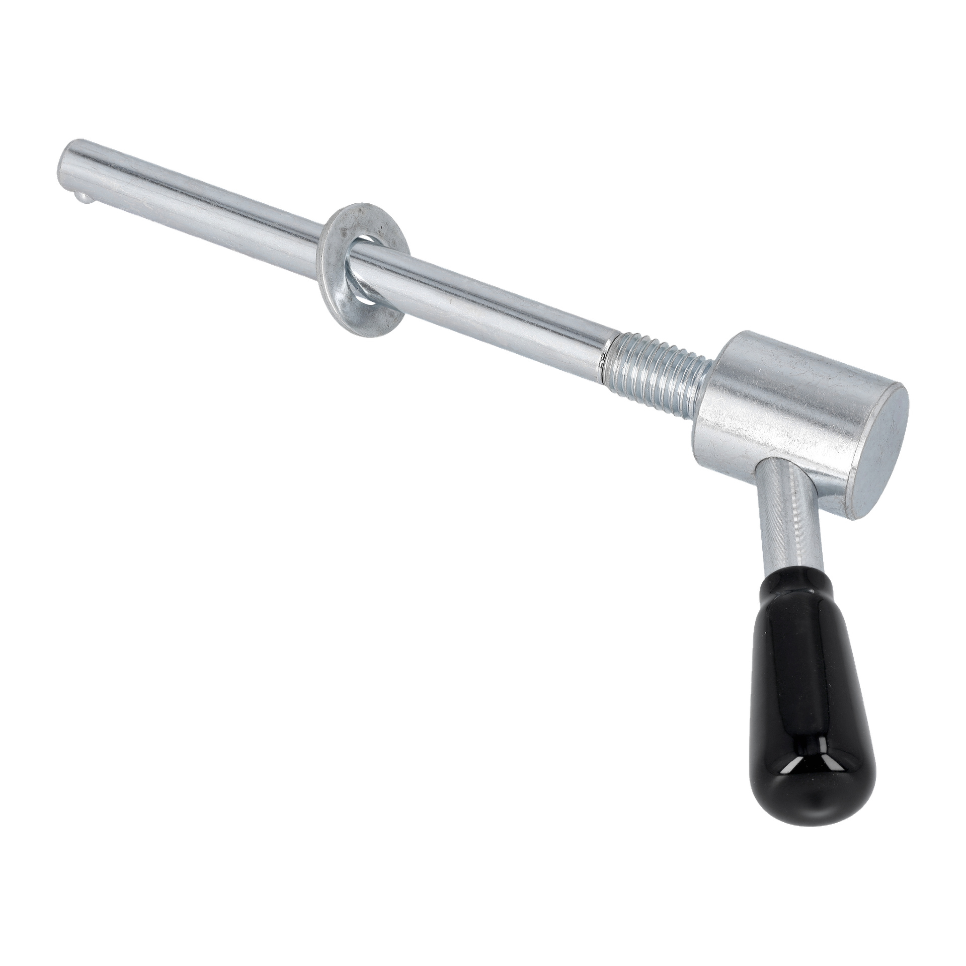 Rząd dźwigni blokady. Maszyna 009189" to metalowy sworzeń blokujący z cylindryczną rączką, gwintowanym przekrojem i czarnym uchwytem pokrytym plastikiem.