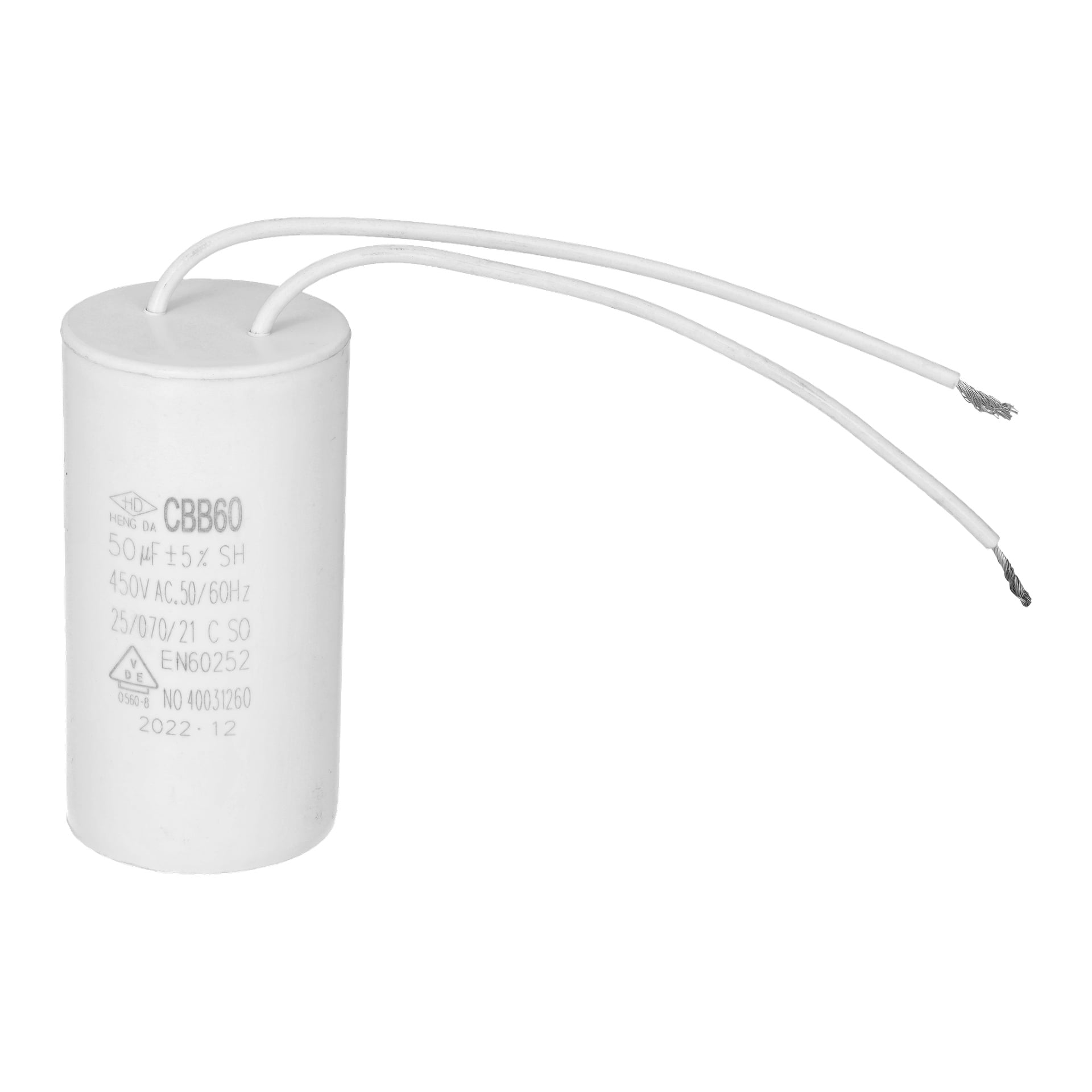 En vit cylindrisk 50uF kondensator med två vita ledningar och specifikationer som CBB60, 50μF och 450V AC tryckta på den.