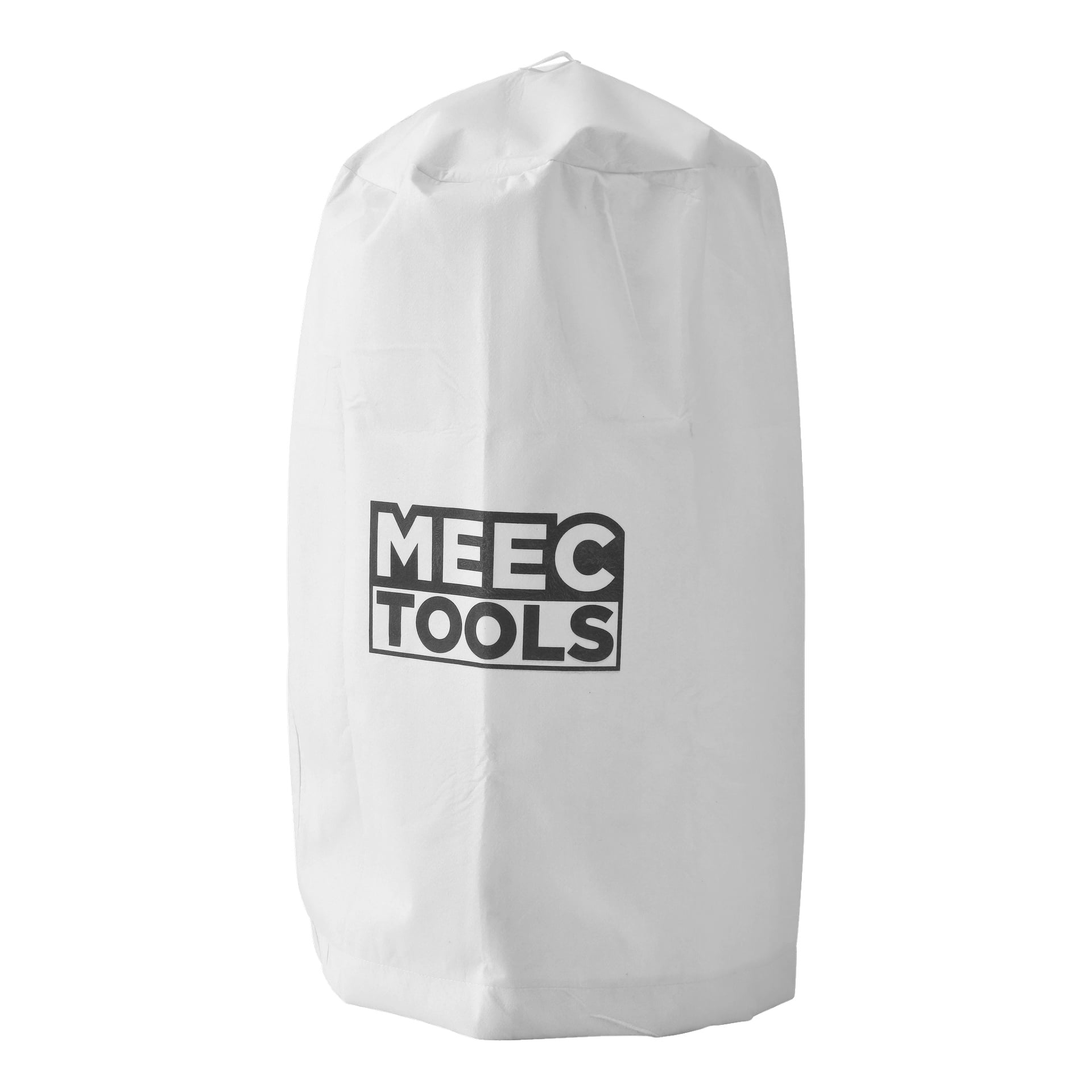 Vit cylindrisk filterpåse med spånsug och platt bas, tillverkad av tyg eller syntetiskt material, MEEC TOOLS-logga i svart på framsidan.