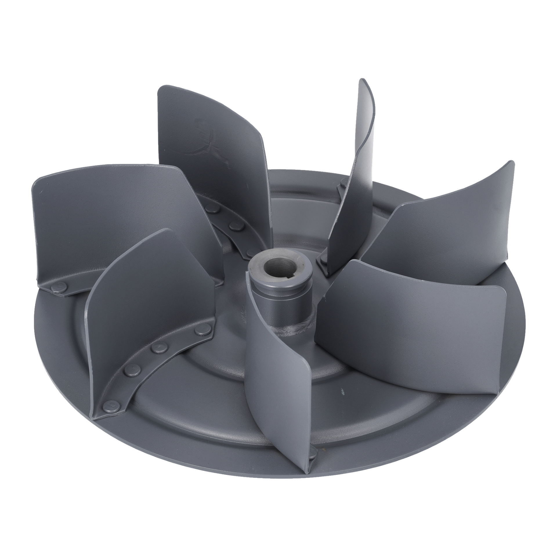 Närbild av Extraction Fan Dust Col 023484 visar grå metallimpeller med sex böjda blad jämnt fördelade runt ett runt nav.
