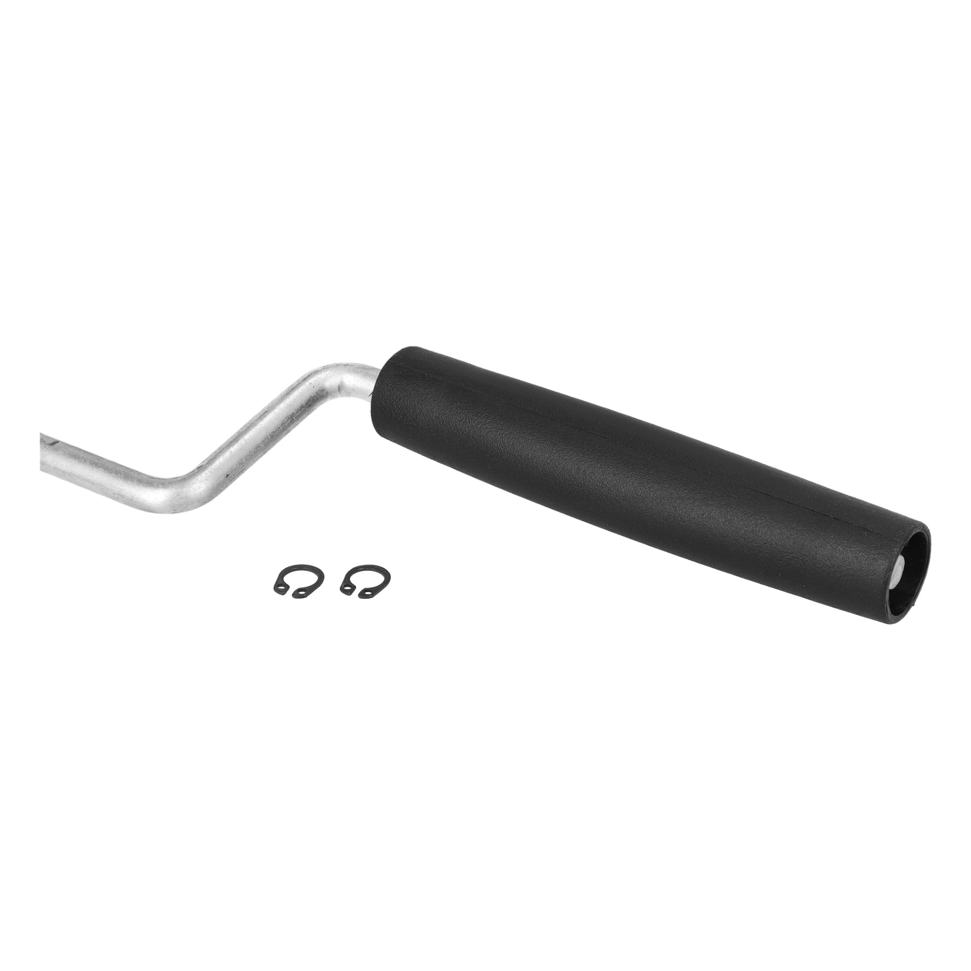 Crank Cpl F. 002781 har et svart grephåndtak og metallstang, vist sammen med to små svarte låseklips.