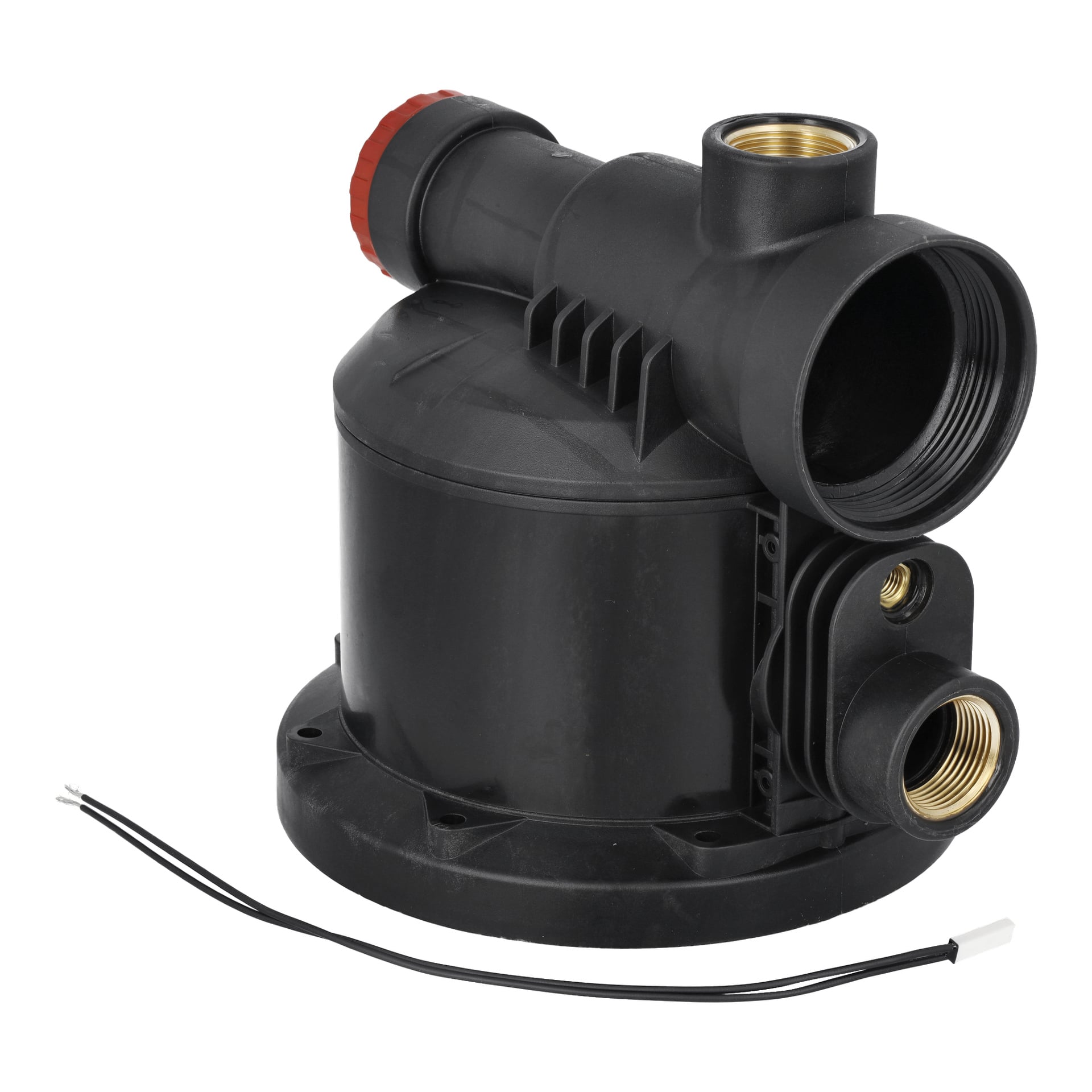 Pumphuset Cpl F. 015259 är en svart elektrisk vattenpump med gängade portar, röd justeringsratt och två exponerade ledningar.