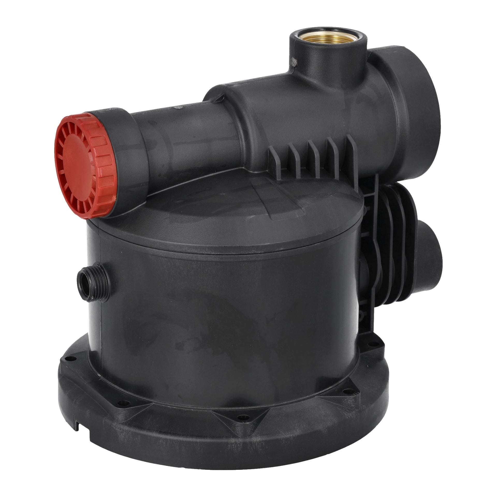 Pumphuset Cpl F. 015259 är en svart och röd elektrisk vattenpump med cirkulär bas, räfflad husstruktur och flera slangkopplingar.