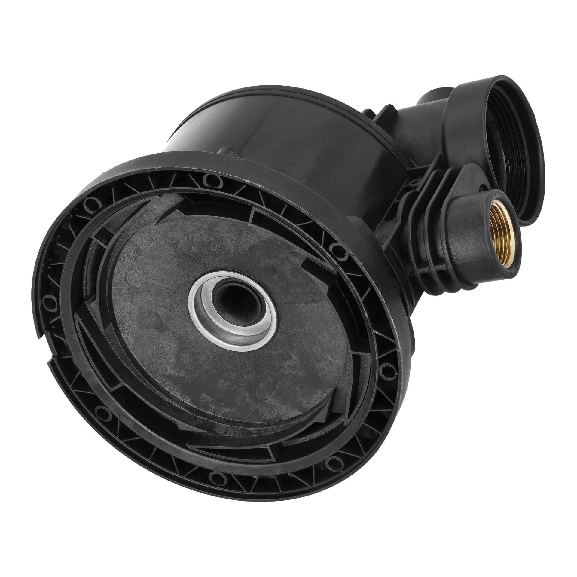 Närbild av Pump Housing Cpl F. 015259, en svart cirkulär del av plast och metall med spår och gängade kopplingar för maskinbruk.