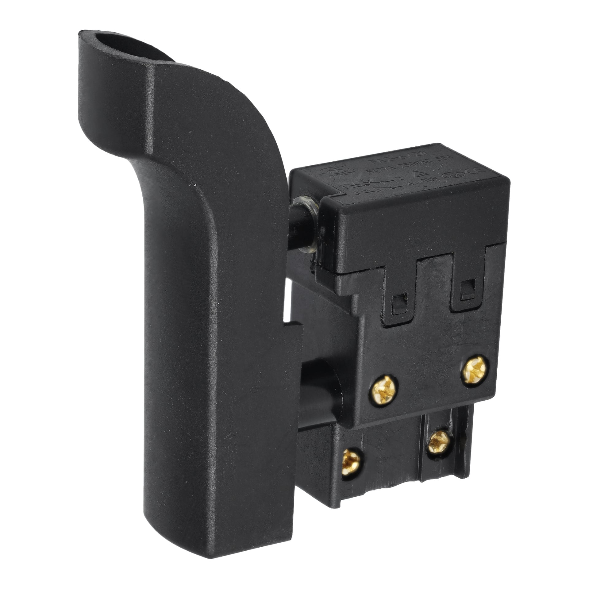Lähikuva Power Switch Hammer Drillista, jossa korostetaan sen mustaa muovista ja metallista rakennetta, ruuviliittimiä ja kaarevaa kahvaa.