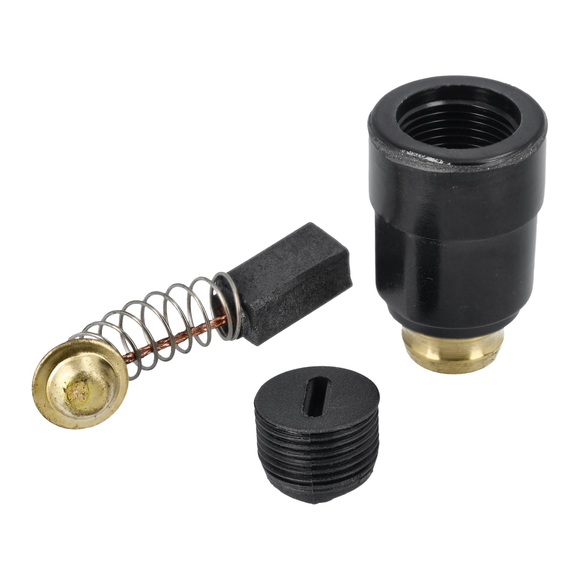 Demonterade koldelar: en svart cylinder, metallfjäder med mässing och grafit, och en spårad svart plastlock.