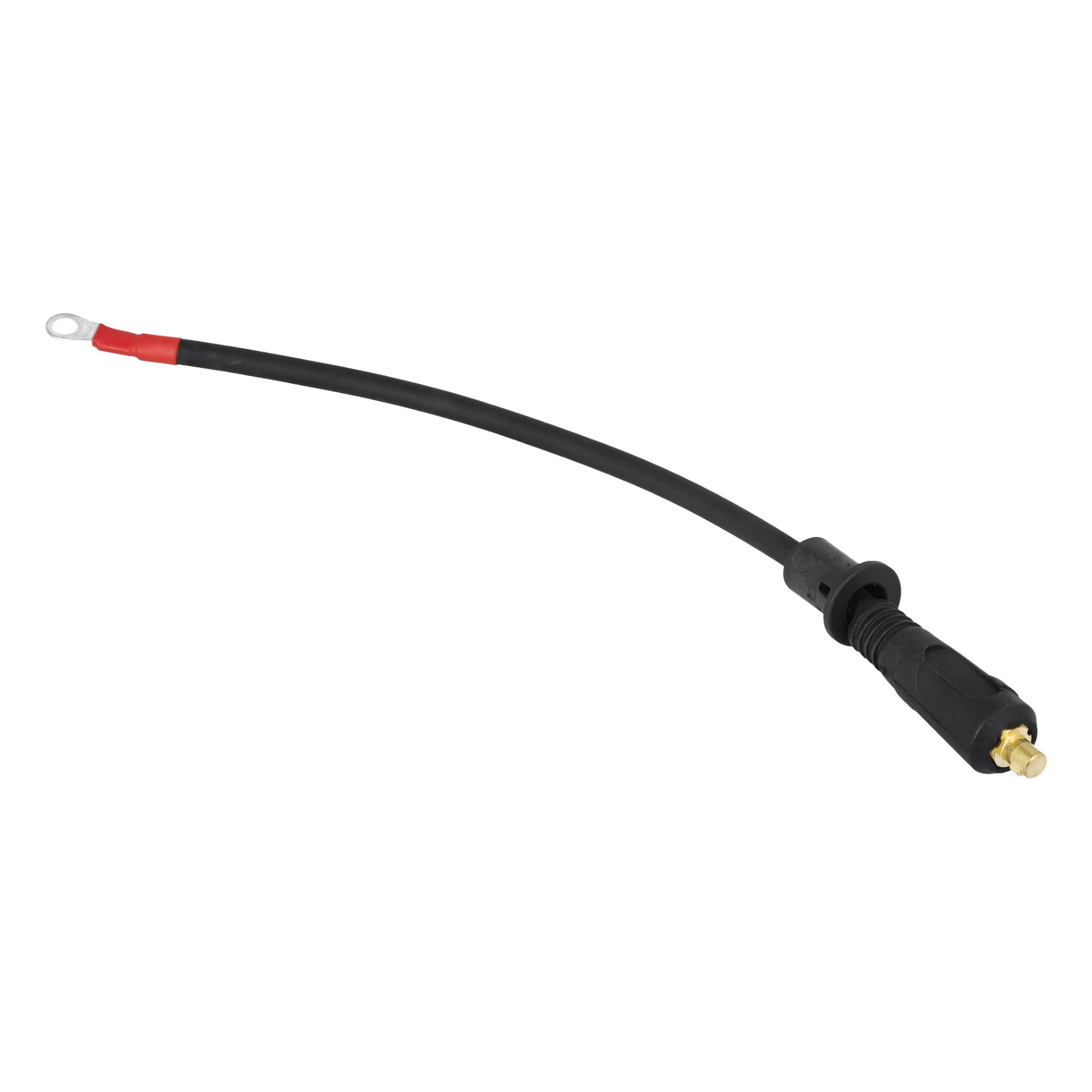 Cable F. Polarity Ch Multiweld to kabel elektryczny z zaciskiem pierścieniowym na jednym końcu oraz czarnym plastikowym i mosiężnym złączem na drugim.