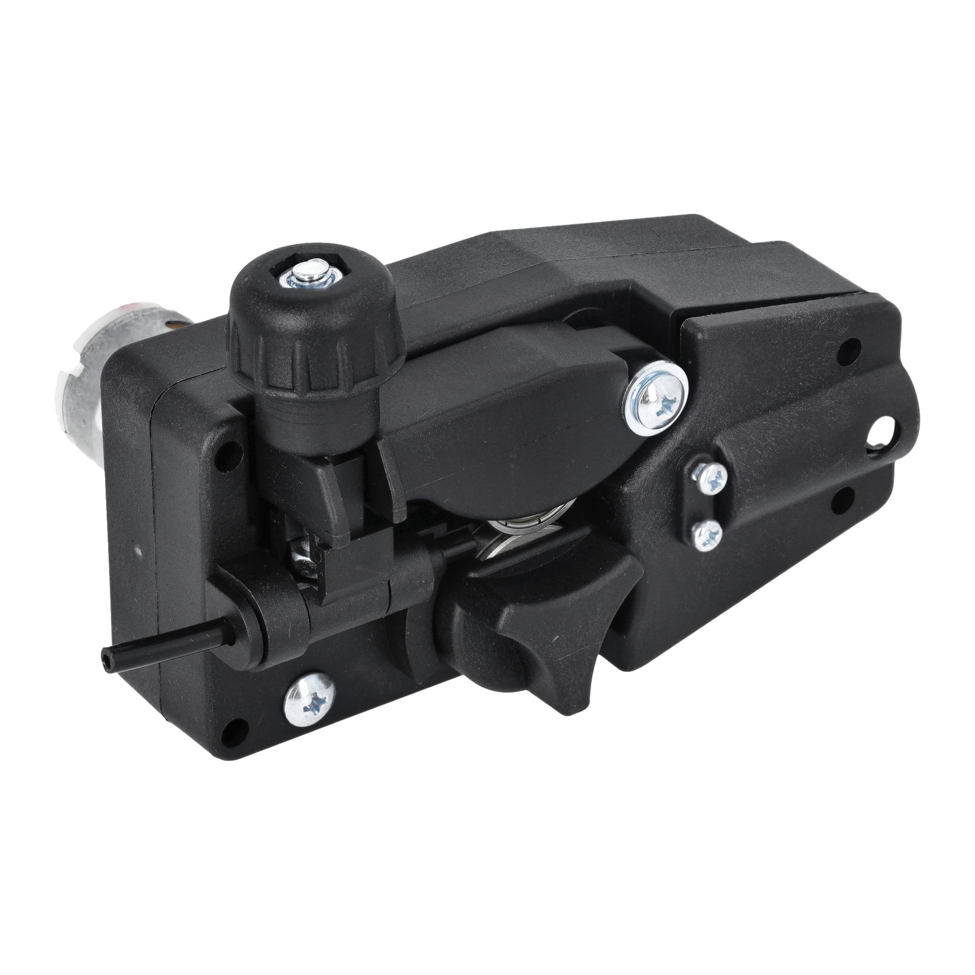 Feed Motor Multiprocess Vetder är en svart metall- och plastenhet med knoppar, skruvar och en utstickande metallstav.