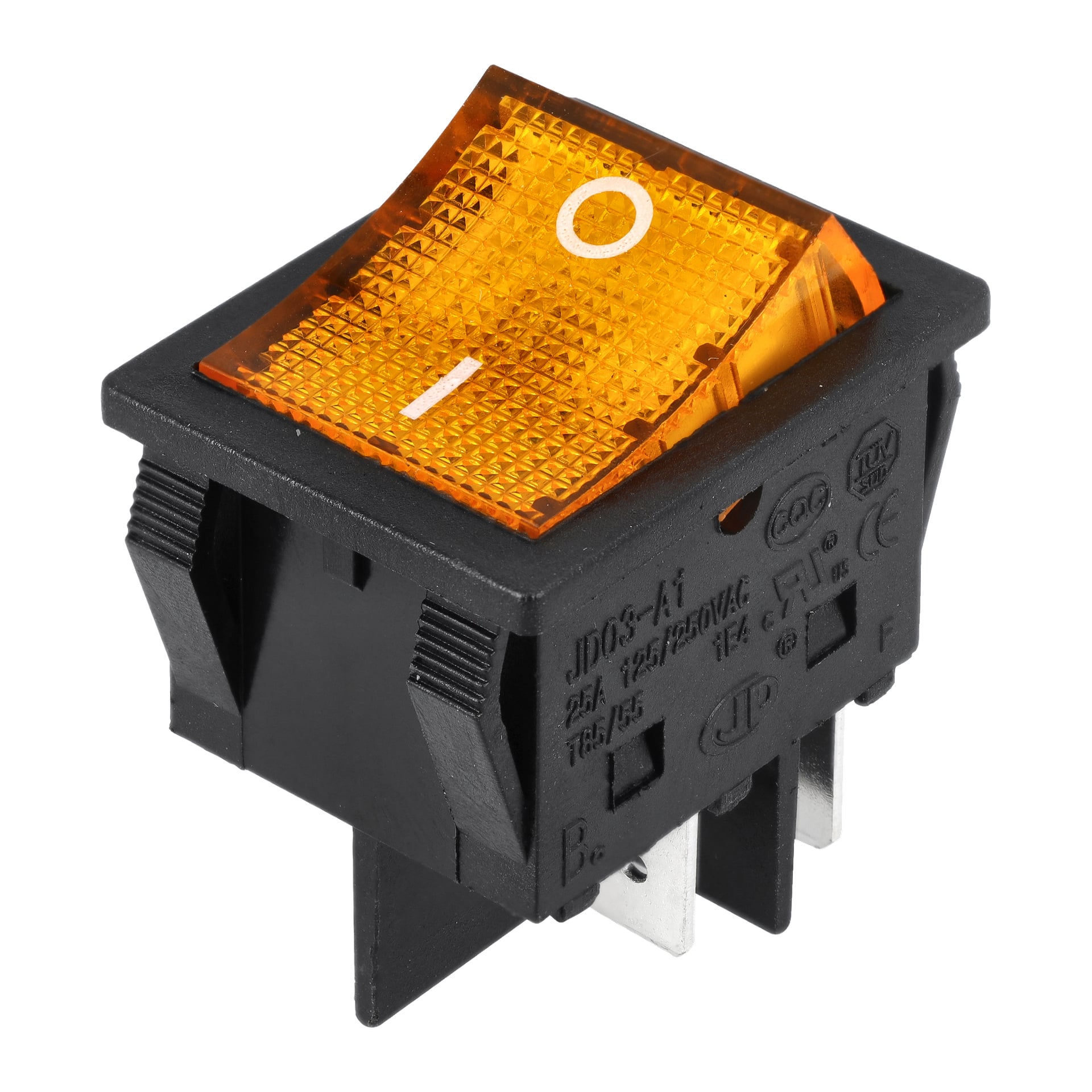 Närbild på Power Switch Multi Weldder med en orangebelyst vippstol, svart hus, på/av-symboler och flera metallstift.