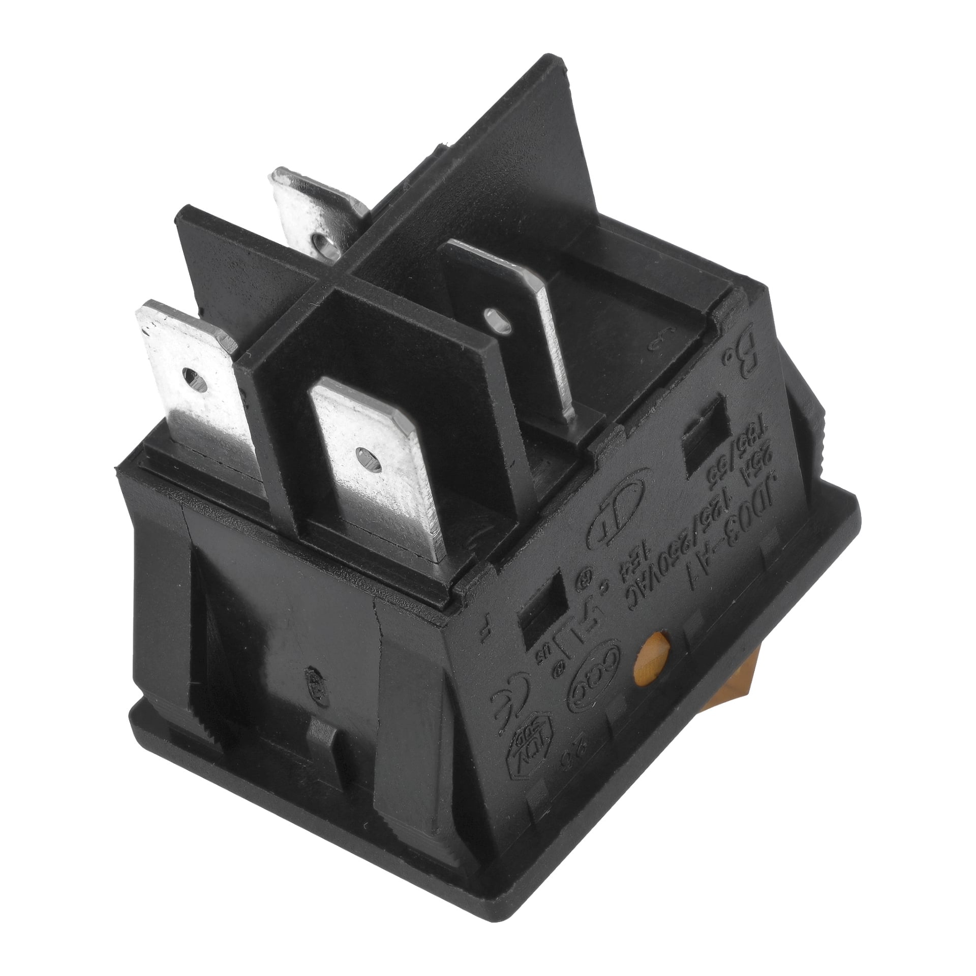 En svart, rektangulär Power Switch Multi Svetder har fyra metallstift och markerade sidor.