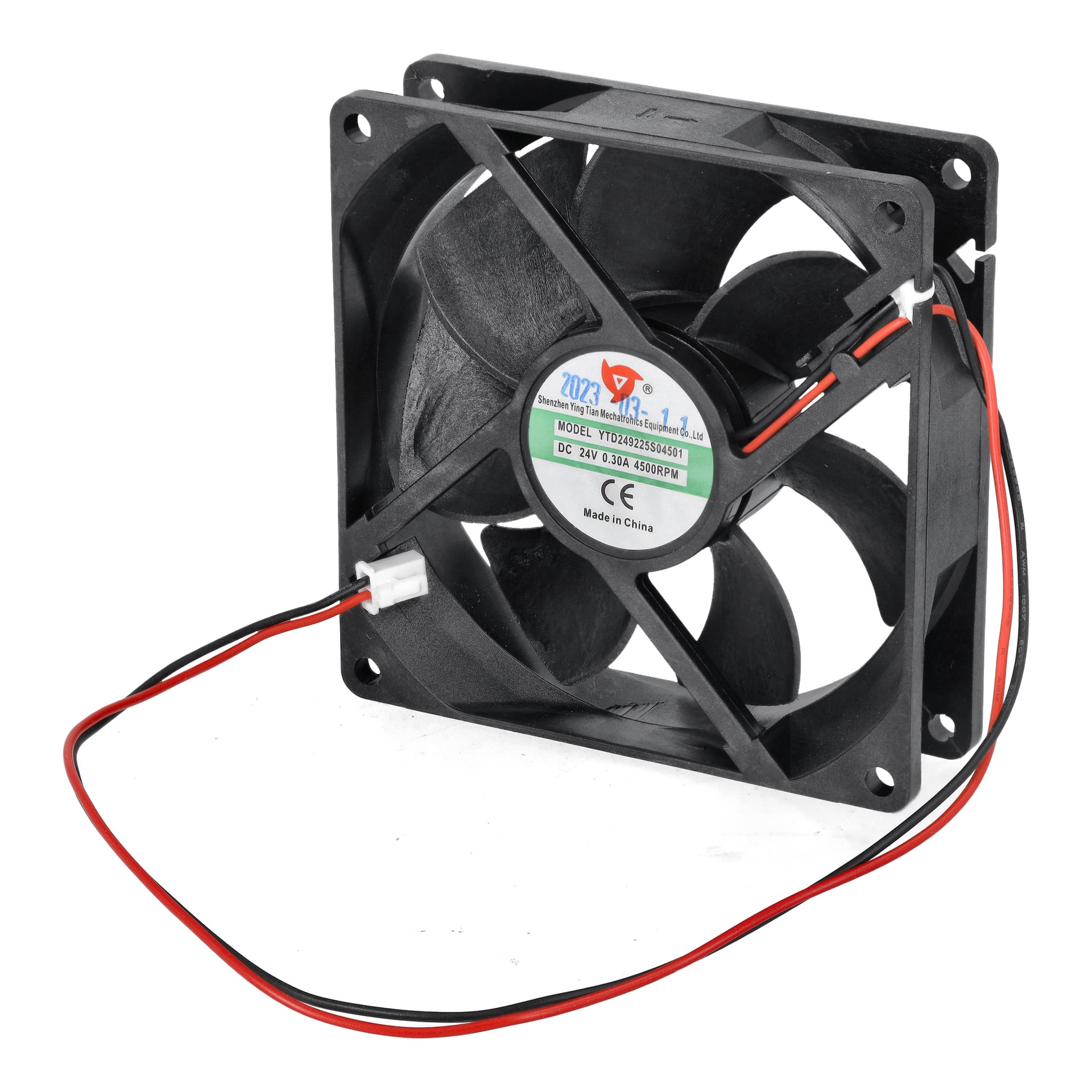 En svart fyrkantig Cooling Fan Multi Welder 130 med en central etikett, röda och svarta kablar samt en plastkontakt. Specifikationer visas.