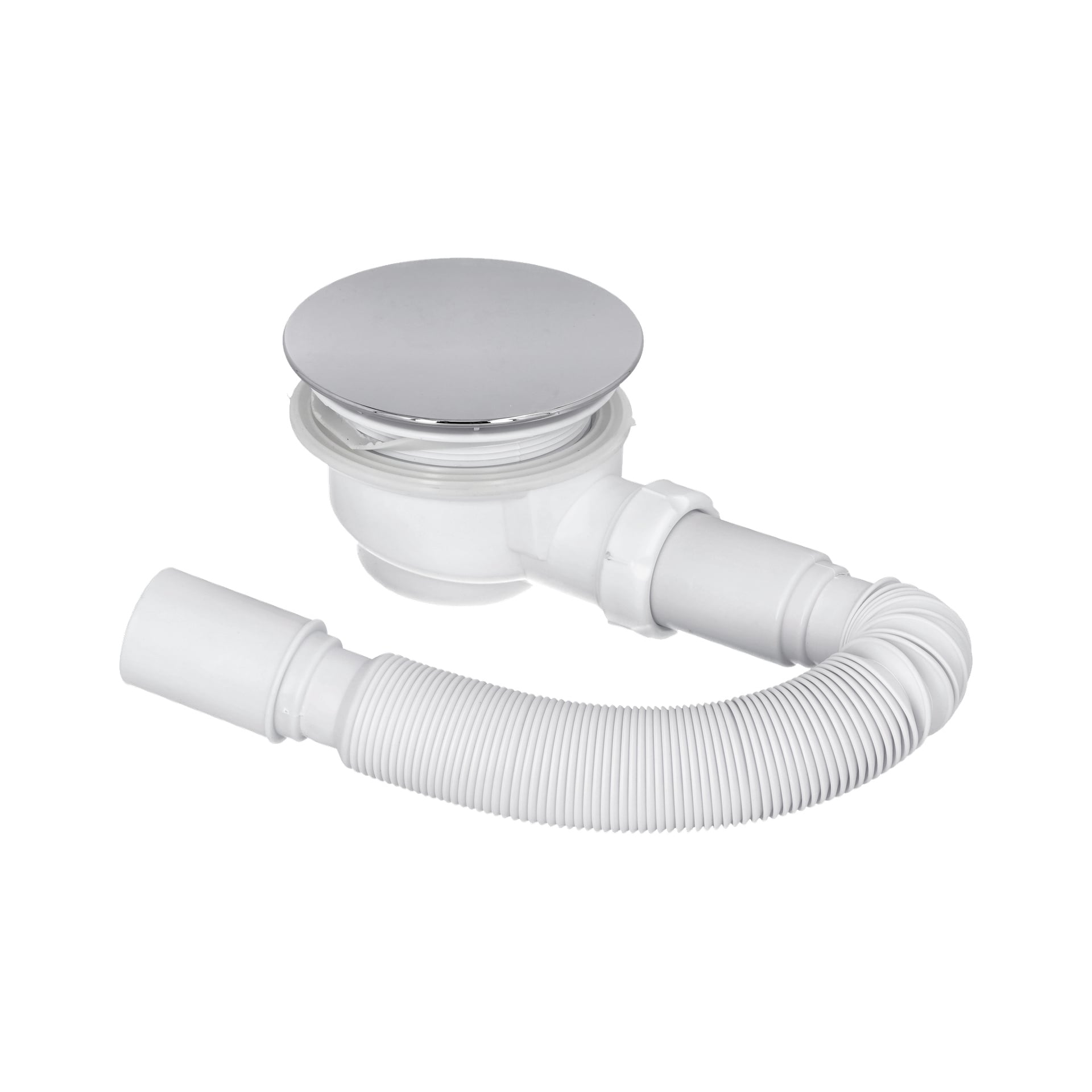 Den nedre ventilduschkabinen med takdusch har en vit plastavloppslås, flexibelt utloppsrör och ett runt kromlock.