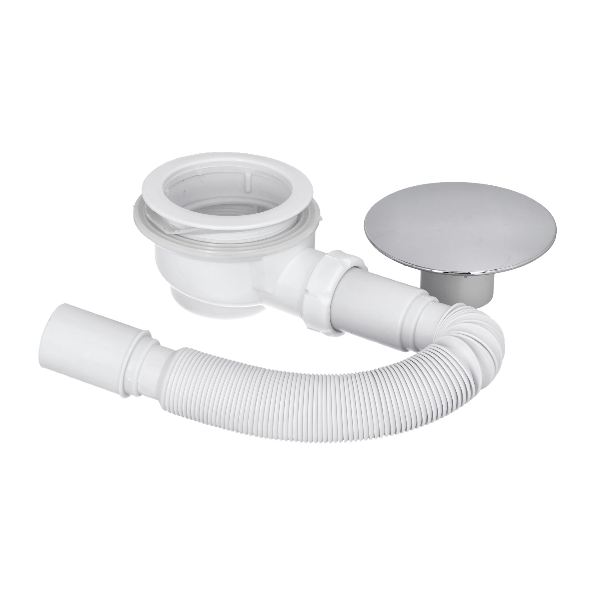 Duschkabinens bottenventilsystem inkluderar ett vitt flexibelt avloppsrör, krompläterat runt lock, plastkoppling och gängad koppling.