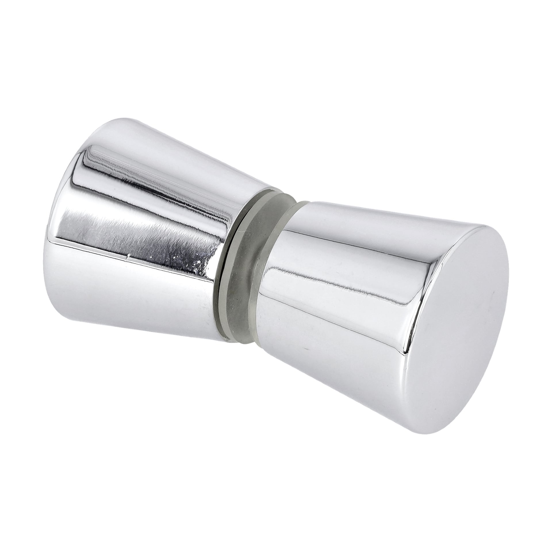 Metallisk, timeglassformet dusjhåndtak med blank kromfinish, to koniske ender og en sentral samlingsring for grep.