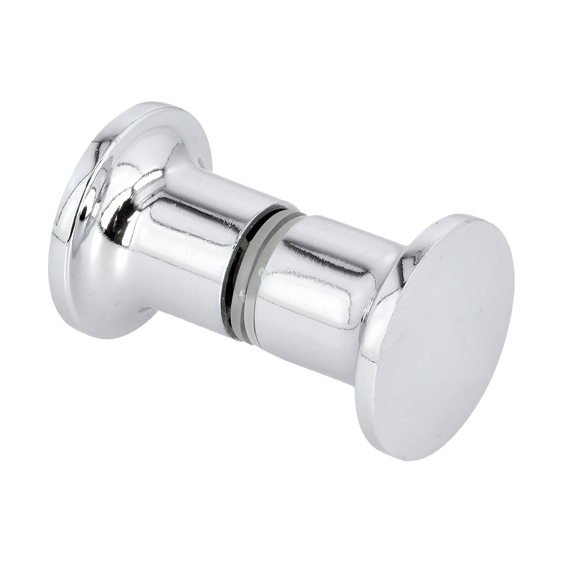 En närbild av Handles duschkabin framhäver en glänsande, silverfärgad cylindrisk propp med platta runda ändar.