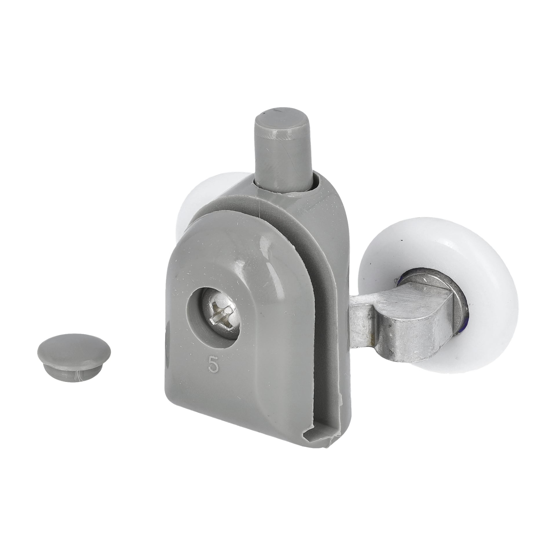 Närbild av en dubbelhjulad duschkabin har en grå skjutdörrsrull i plast och metall med två vita hjul, skruv och grå lock.