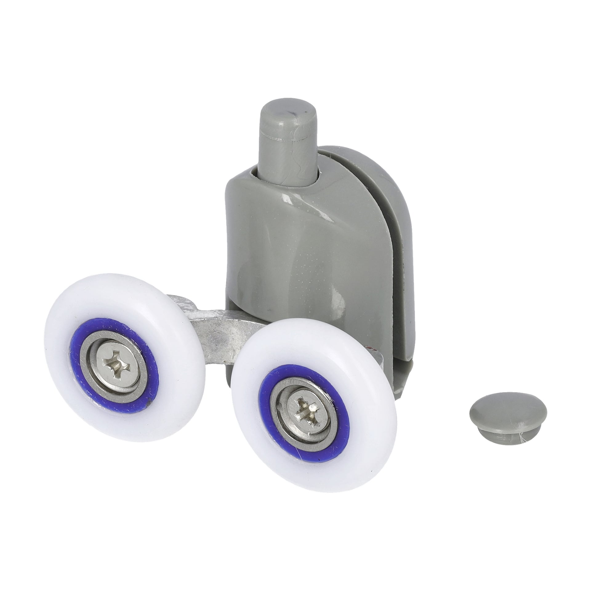 Närbild på en dubbelhjulsduschkabins grå plast- och metallrull med två vita hjul och en liten rund lock till höger.