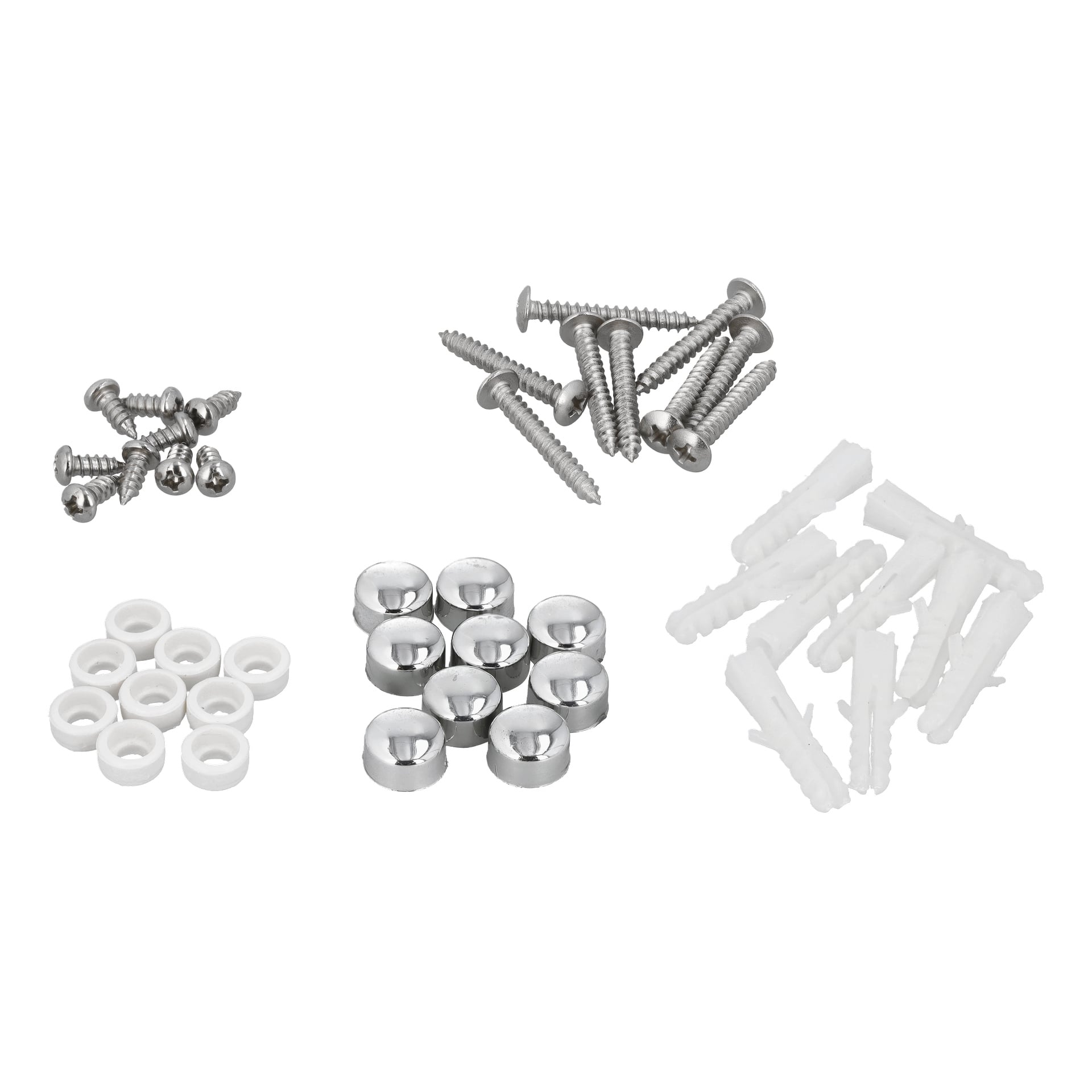 Skruvset F. 024306/024302 med silverskruvar, vita väggankare, metalllock och vita brickor prydligt samlade tillsammans.