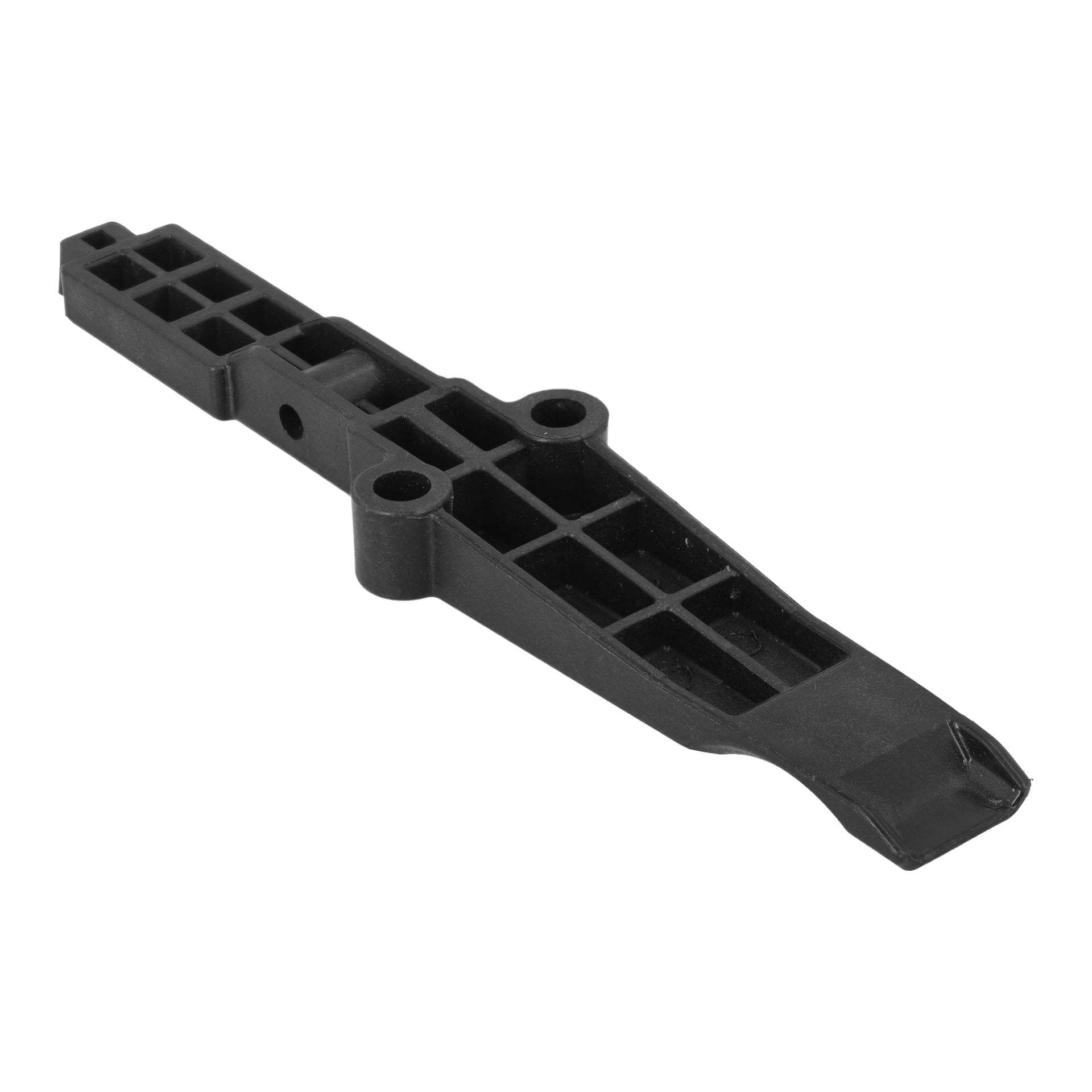 Lock F. mitre Angle 011254 är en svart plastdel med ett rektangulärt galler, två cirkulära hål och en vinklad ände.
