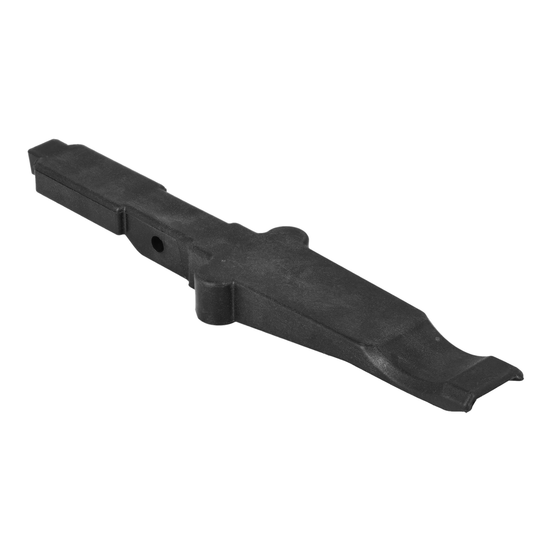 Lock F. mitre Angle 011254: svart, rektangulär bit med trappstegsform, centralt hål och en ände som är böjd och lutande.