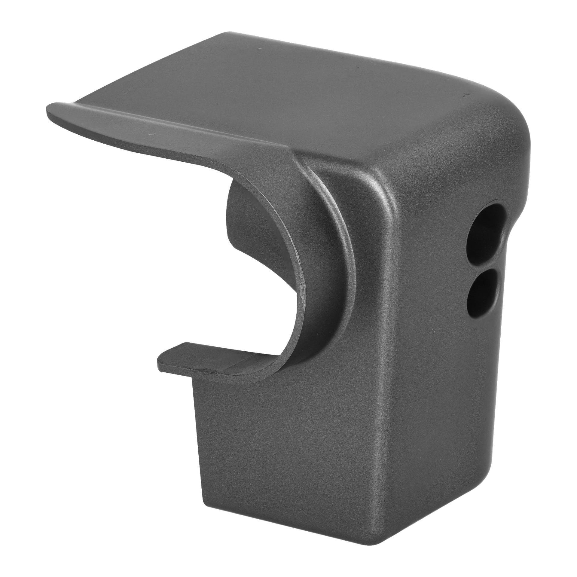 Frame End Cap Right 002399" är ett matt grått omslag, som erbjuds i plast eller metall, med en böjd topp, två runda hål på sidan och en öppen sektion längst ner, gjord för att passa över en viss komponent eller del.
