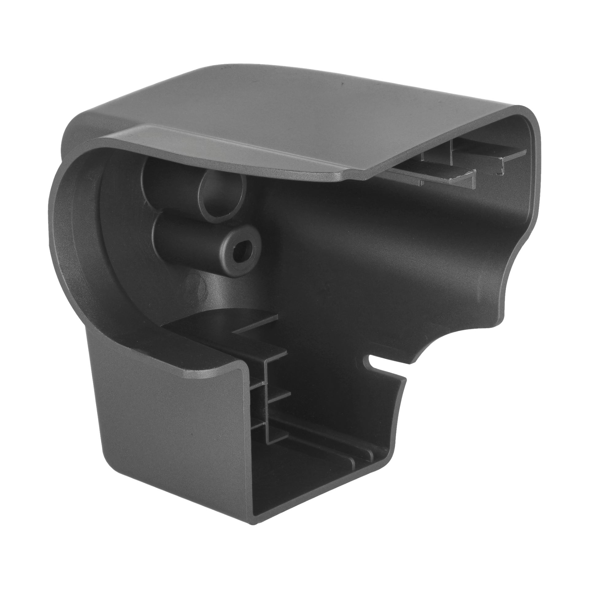 En grå formgjuten plastdel märkt "Frame End Cap Left 002399", med en kantig design, interna stödribbor, cylindriska sektioner och öppna sidor. Troligen använd som lock eller huskomponent för elektronisk eller mekanisk utrustning.