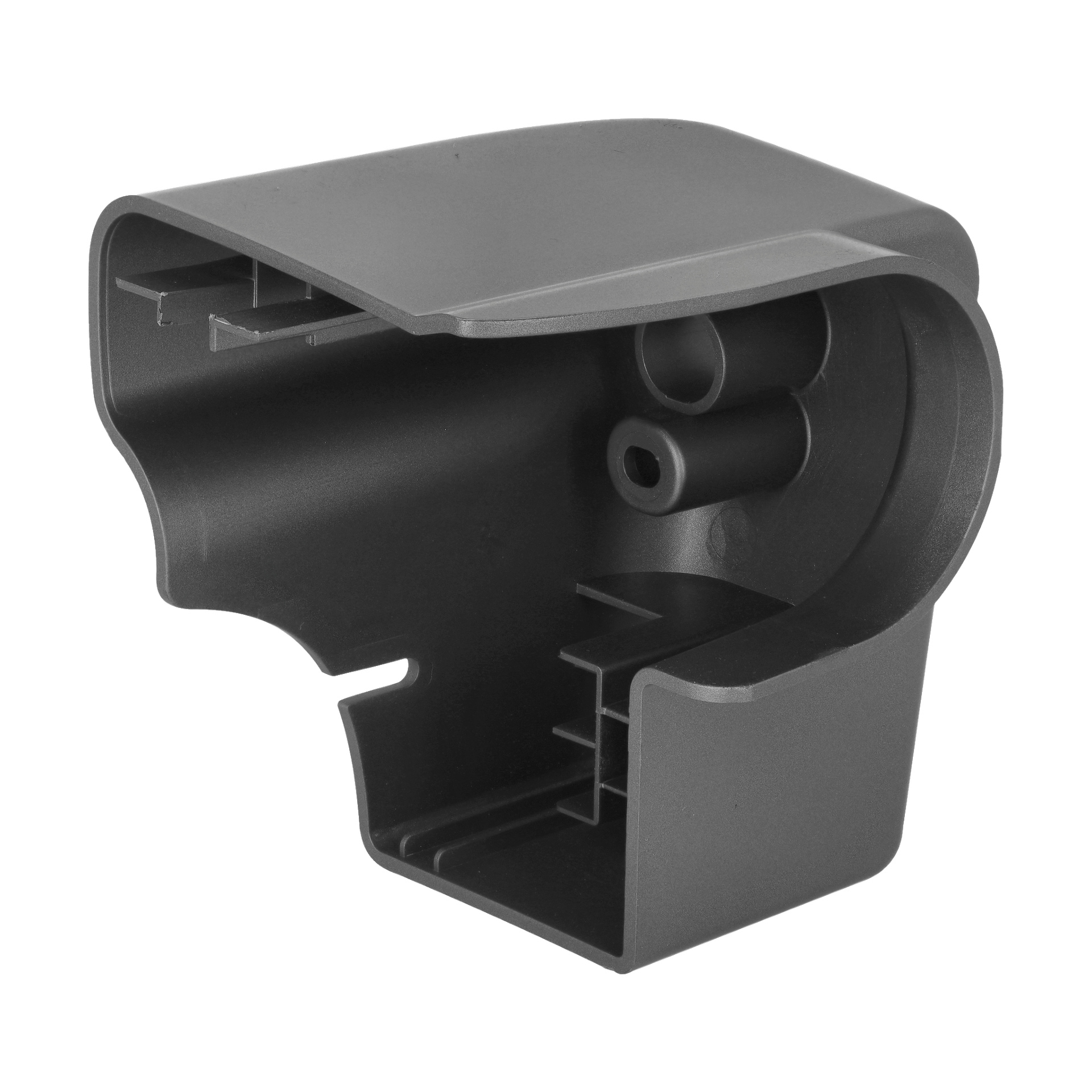 En matt svart, L-formad plastbit med böjda kanter och inre stöd. Ramändlocket Right 002399 har spår, cylindriska element och en öppen botten.