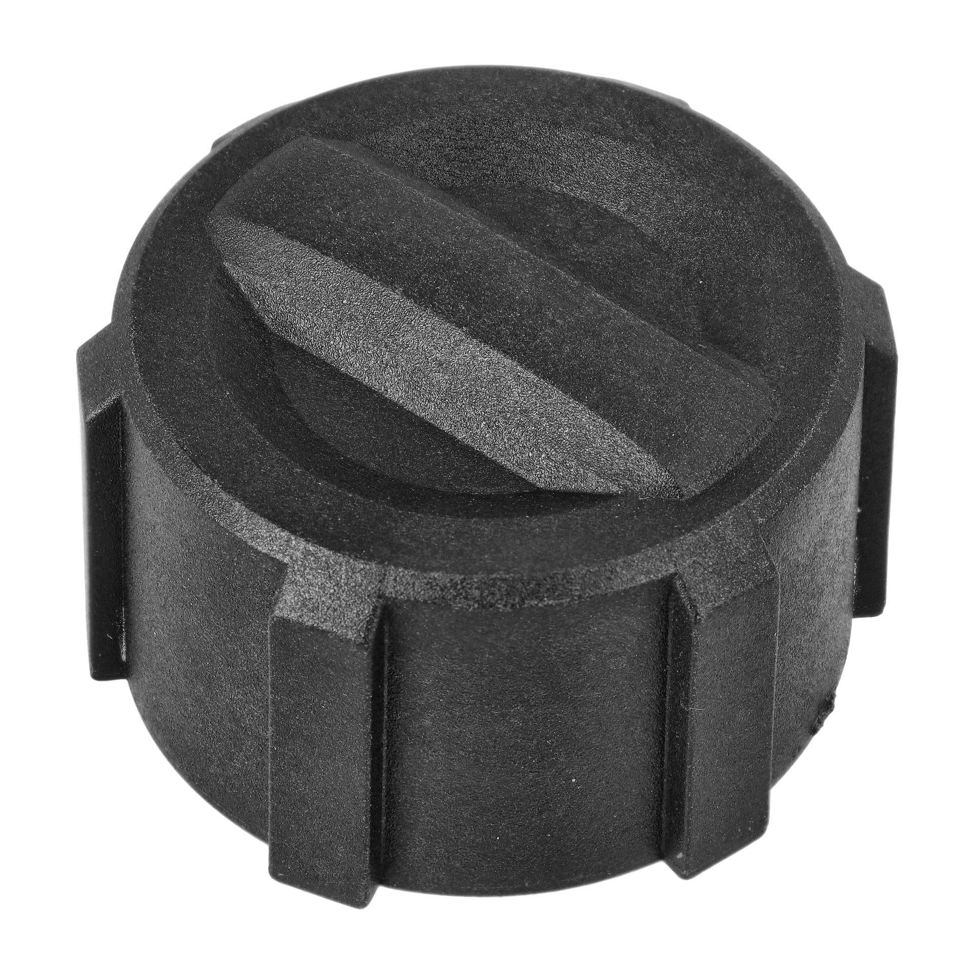 Oil Filler Cap Motorsåg 025258 är en svart plastlock med en bred spårad spår på toppen och vertikala åsar längs sidorna.