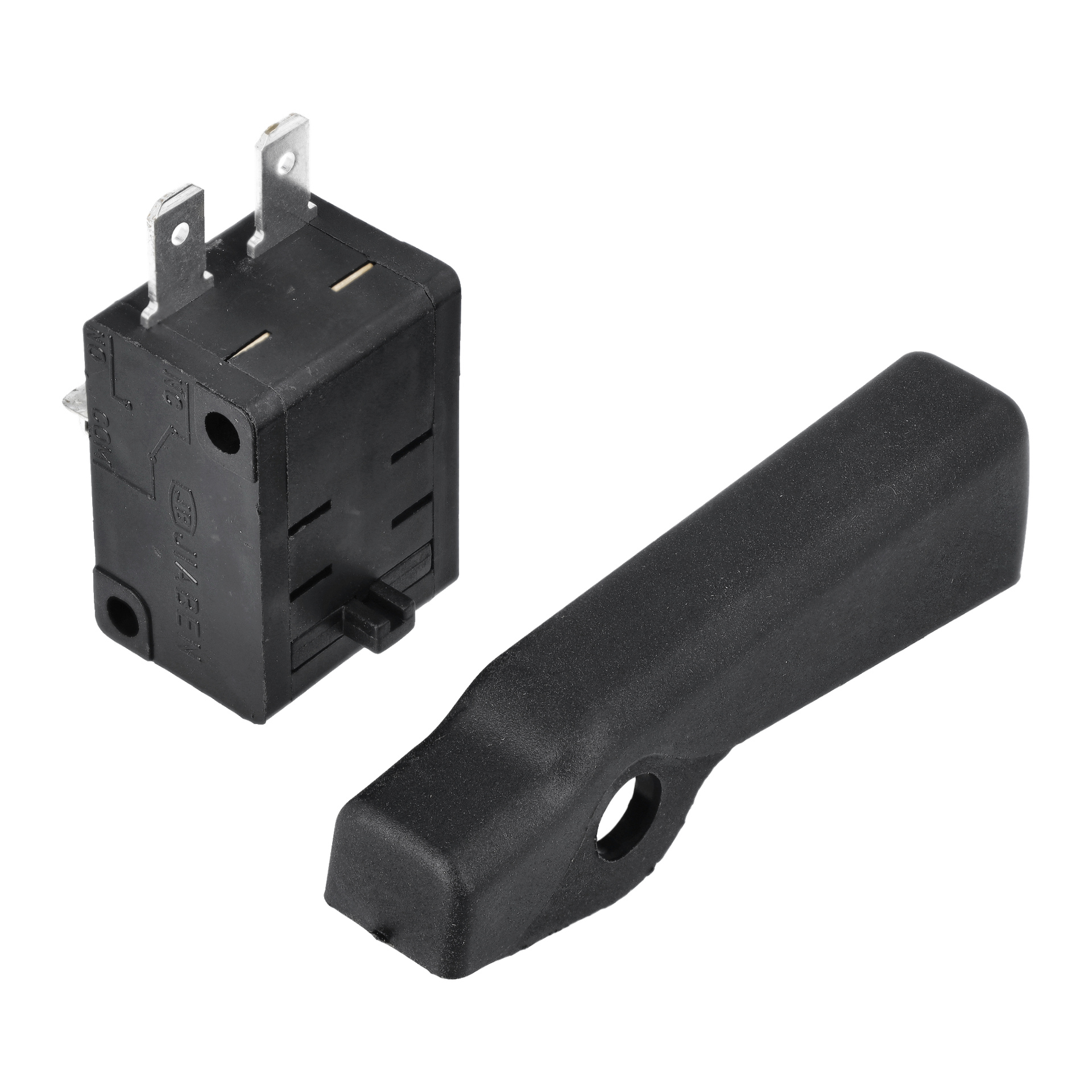 Power Switch On/Off F. 025258, en svart strömbrytare med tre metallstift, visas bredvid en separat svart plastspak.