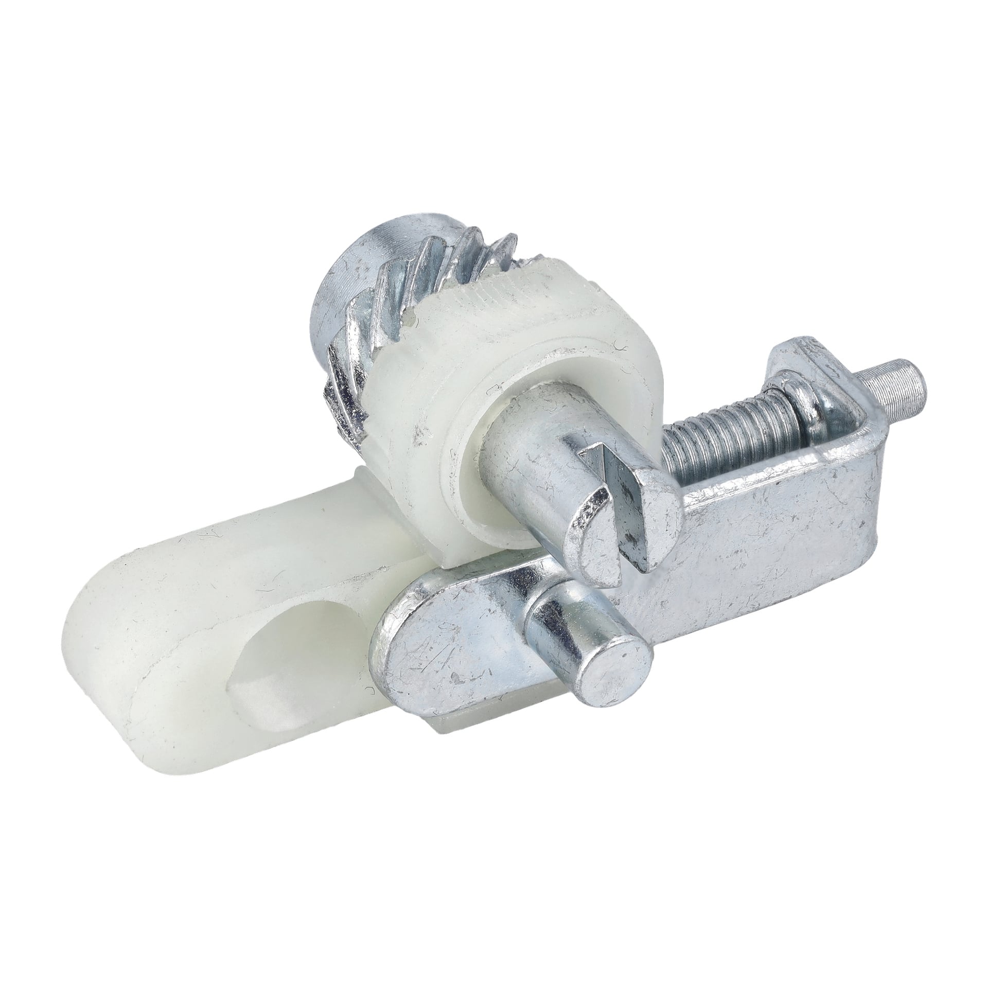 Närbild av Chain Tensioner Ch.Saw 025258, med en metall- och vit plastkropp med kugghjul, skruv och cylindriskt hölje.