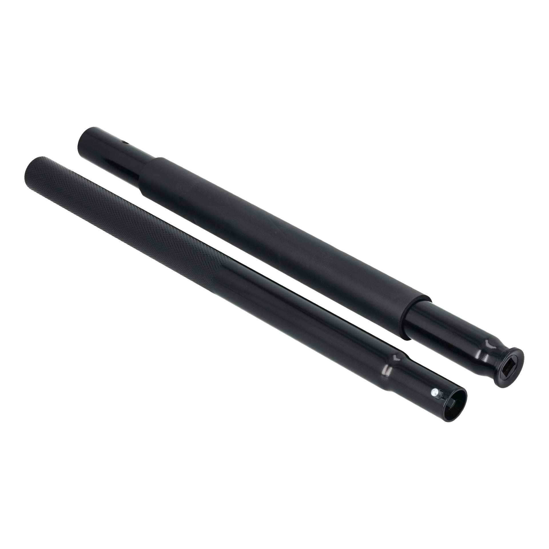 Ett par svarta Pump Handle Cpl 024393 förlängningsstavar, en med texturer och en slät, var och en med en cirkulär fästöppning.