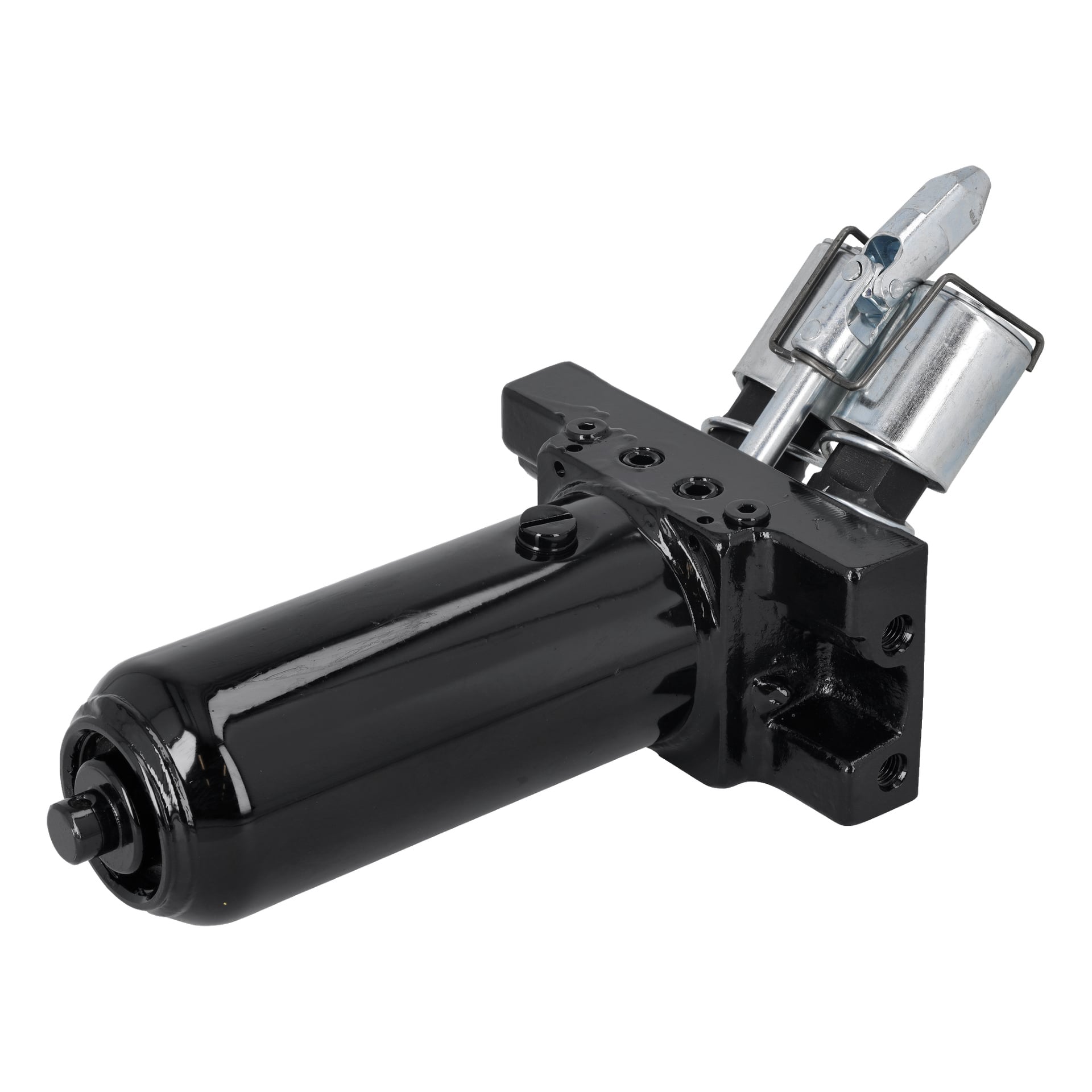 The Pump Hydral. Jack 023750 är en svart hydraulisk cylinder med ett metallfäste och silverfärgade delar i ena änden.