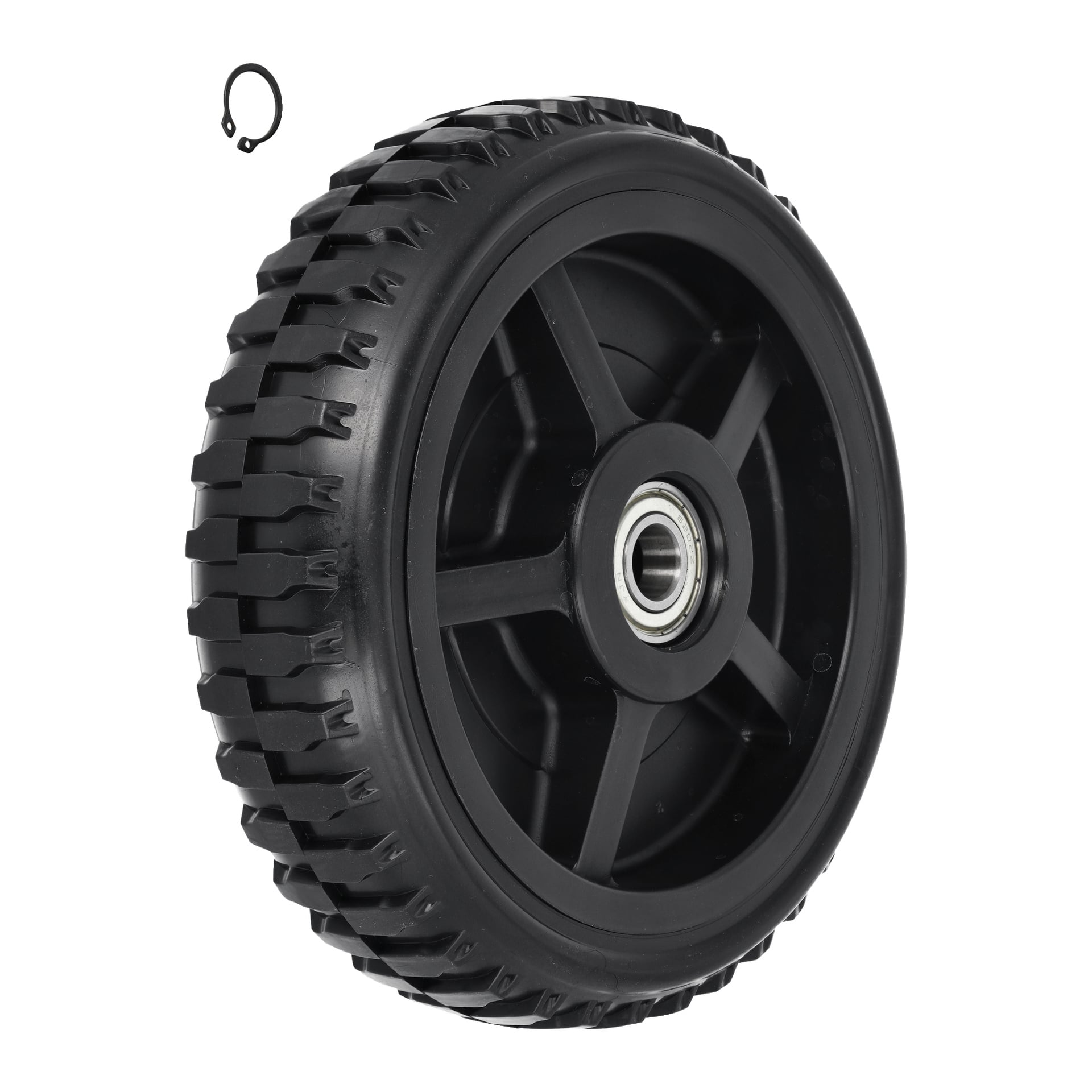 Back Wheel Jack 023750 har et svart plasthjul med dype belter og et synlig kulelagersenter. En liten festring sitter øverst til venstre.
