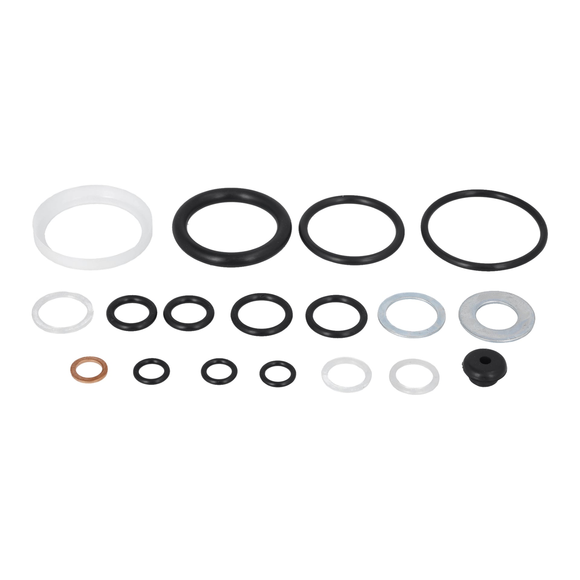 Packningsset Jack 023750 inkluderar olika svarta gummi-, vit plast- och metall-O-ringar och brickor arrangerade i tre rader.