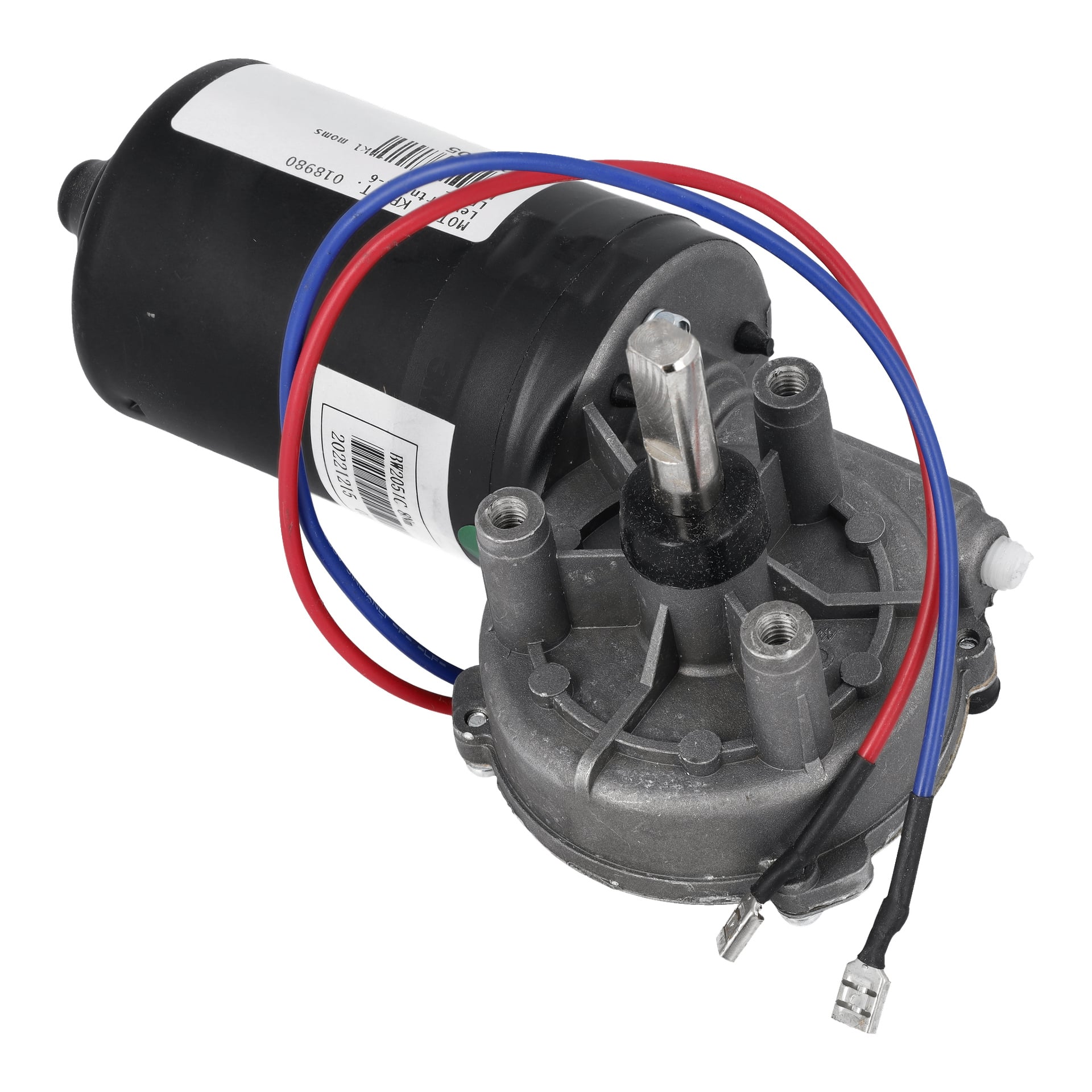 Motor Cpl F. 018980 med cylindriskt svart hölje, etikett, metallutgångsaxel, växellåda samt röda, blå och svarta kablar fästa.
