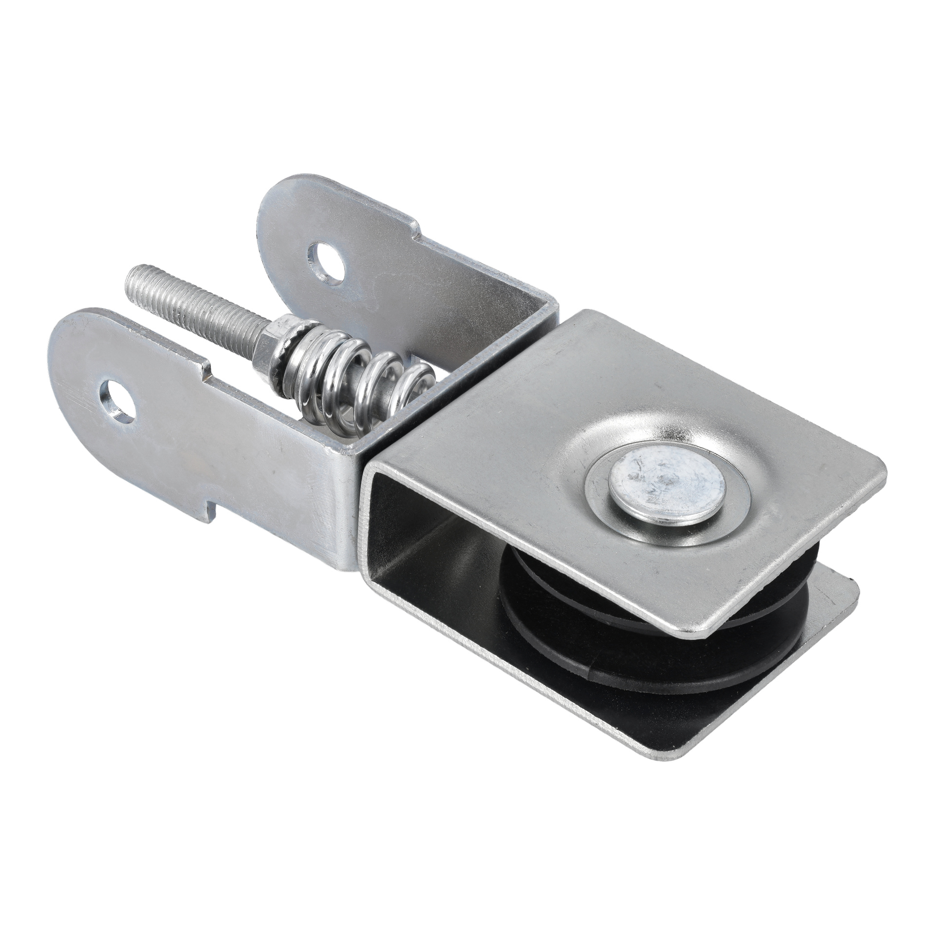 Tension Pulley Cpl F. 018980 har ett metallfäste med bult, fjäder och bricka på ena sidan; svart trissa i ett metallhölje på den andra.