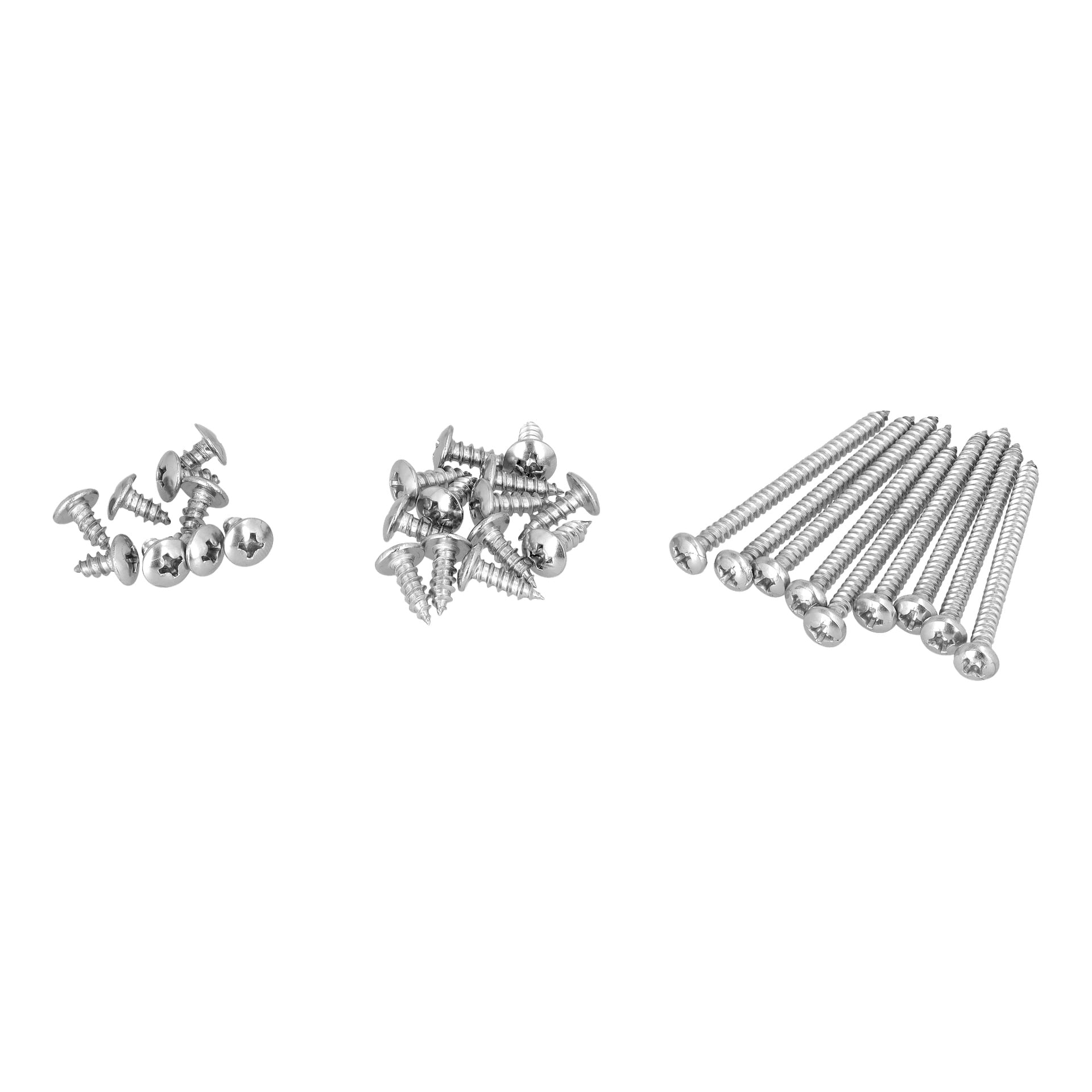 Tre uppsättningar Screw Set Shower Cubi 024418: små skruvar till vänster, medium i mitten och långa till höger.