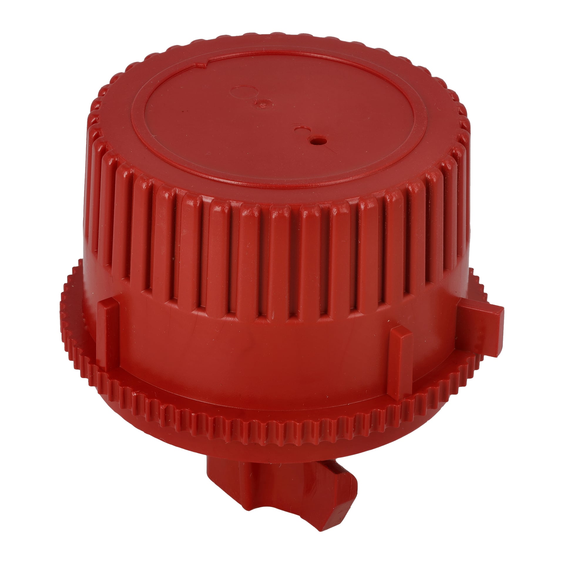 En röd Knob Height Adjustm 021742/43-lock med vertikala åsar, två hål på dess plana topp, kugghjulsliknande bas och sidoutstickare.