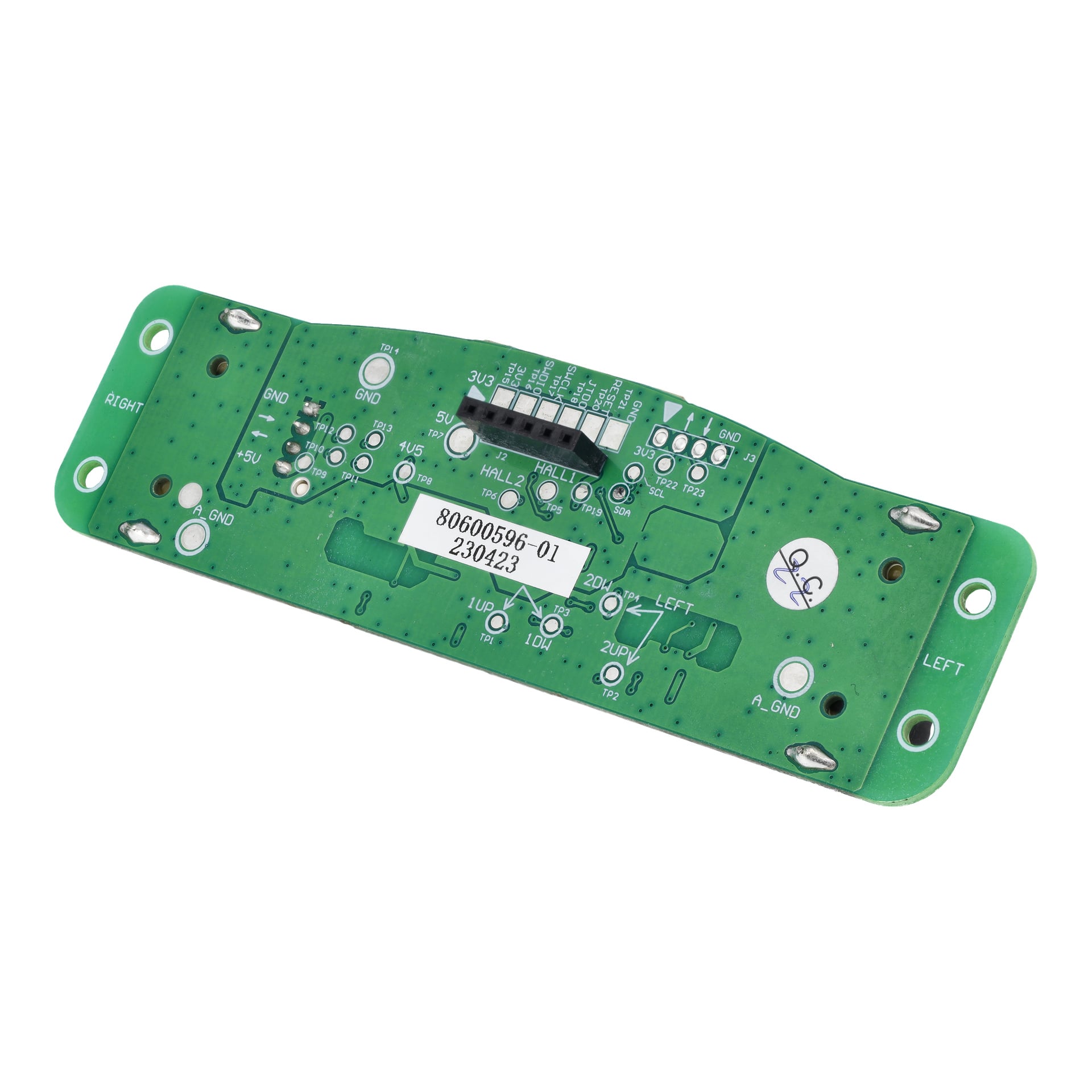 Grönt kretskort med titeln Boundary Sensor Card 021742/43, som visar "RIGHT" och "LEFT", olika delar, kontakter och en "80600596-01 230423"-klisterlapp.