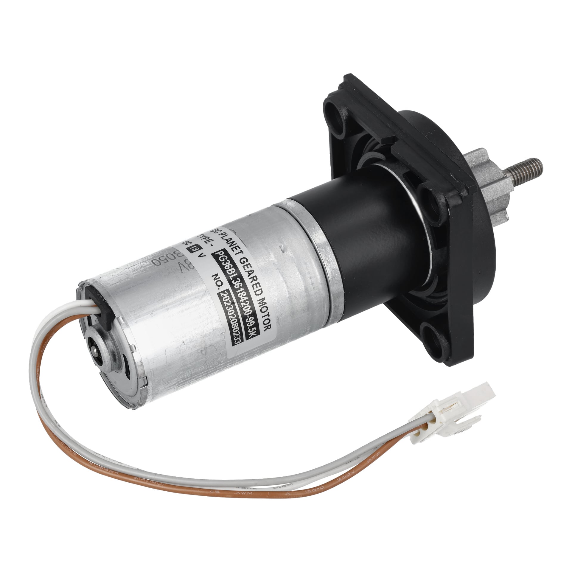 Motorenheten F. 021742/43 är en cylindrisk likströmsväxelmotor med metallhölje, växellåda och en vit tvåtrådskontakt.