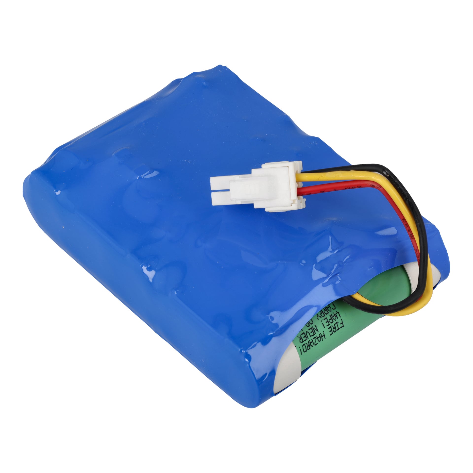 Ett rektangulärt blått batteripaket med en vit kontakt och svarta, röda och gula ledningar visar gröna cylindriska celler inuti.