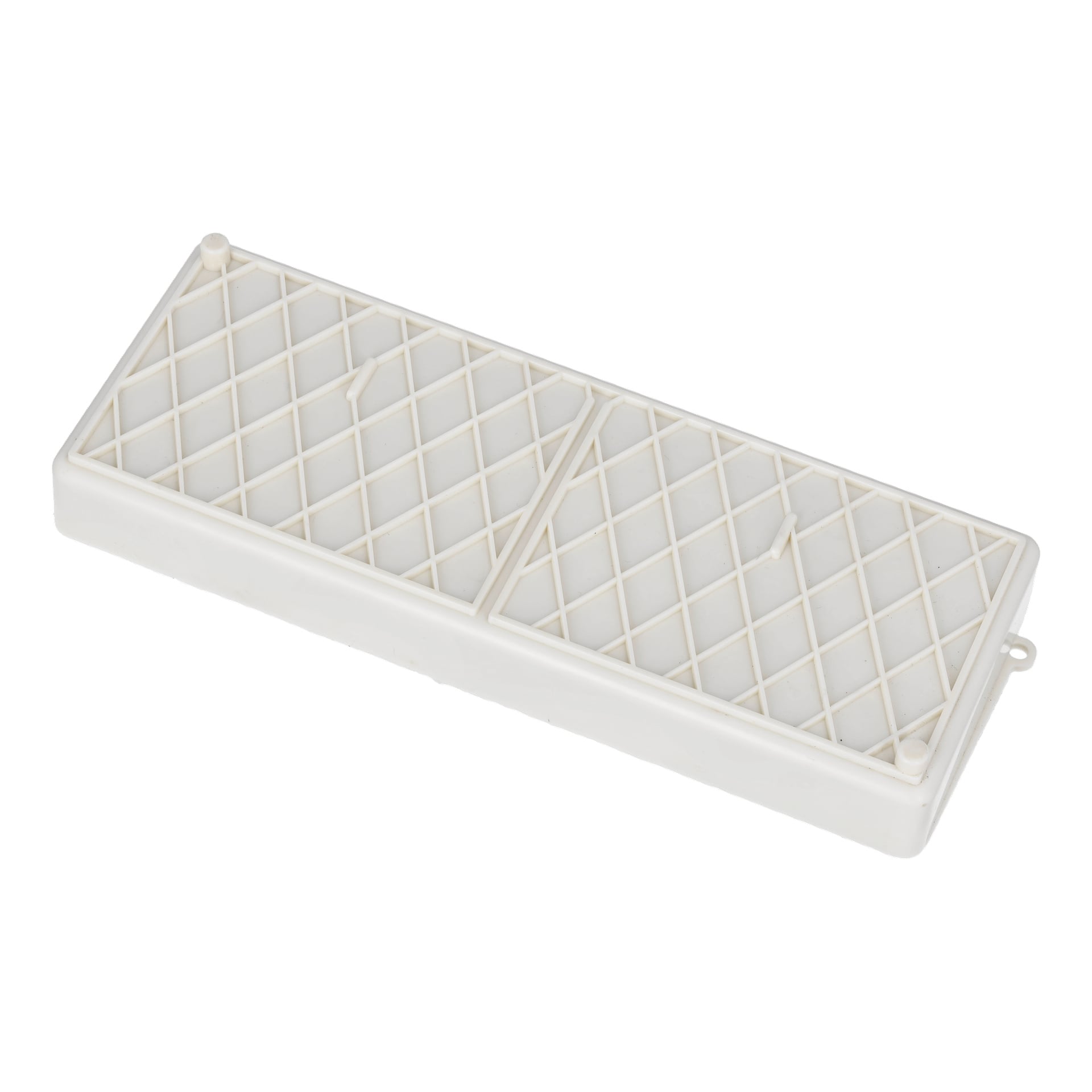 Moderkortet F. 021742 är ett vitt, rektangulärt plastluftfilter med ett rutnät och två sektioner.