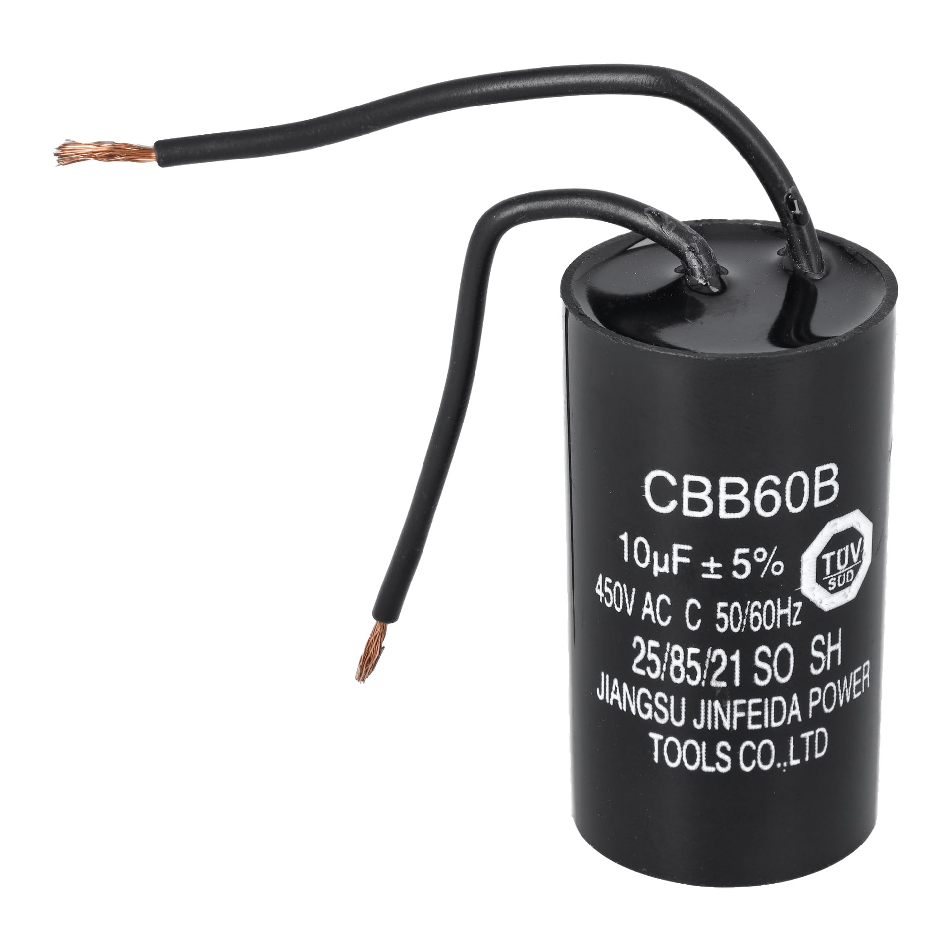 Svart cylindrisk CBB60B-kondensator med två svarta ledningar, märkta 10μF ±5%, 450V AC, 50/60Hz, 25/85/21, och tillverkareinformation.
