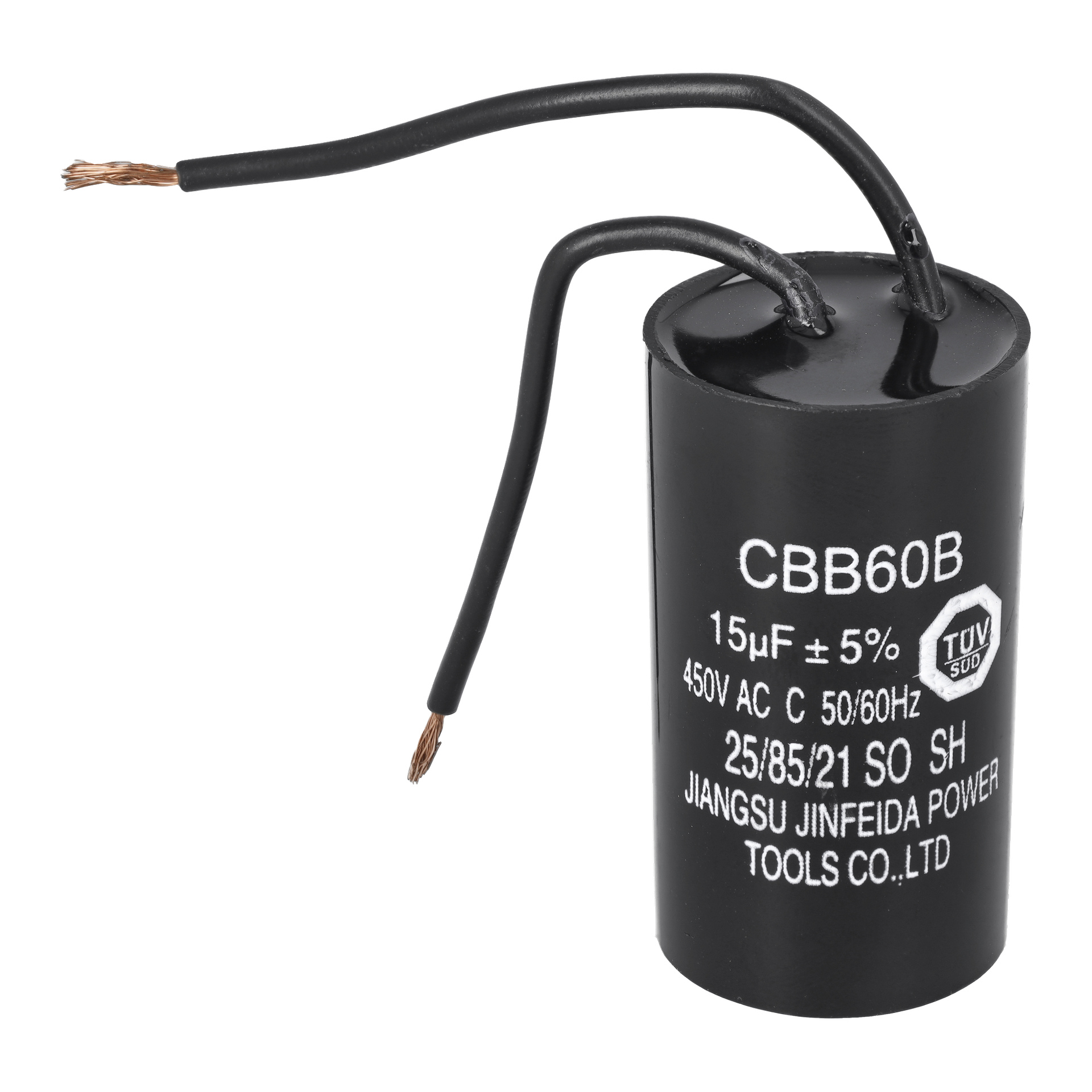 En svart cylindrisk kondensator märkt 10uF med två exponerade ledningar, som visade tekniska detaljer inklusive 15μF ±5 %, 450V AC och tillverkarens information tryckt på höljet.