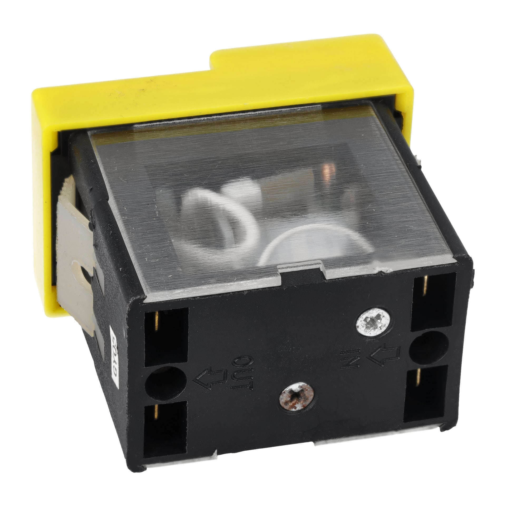 Närbild på Power Switch Tilecutter 024288, ett svart relä med genomskinligt foder, gul topp, metallkontakter och IN/OUT-skruvar framtill.