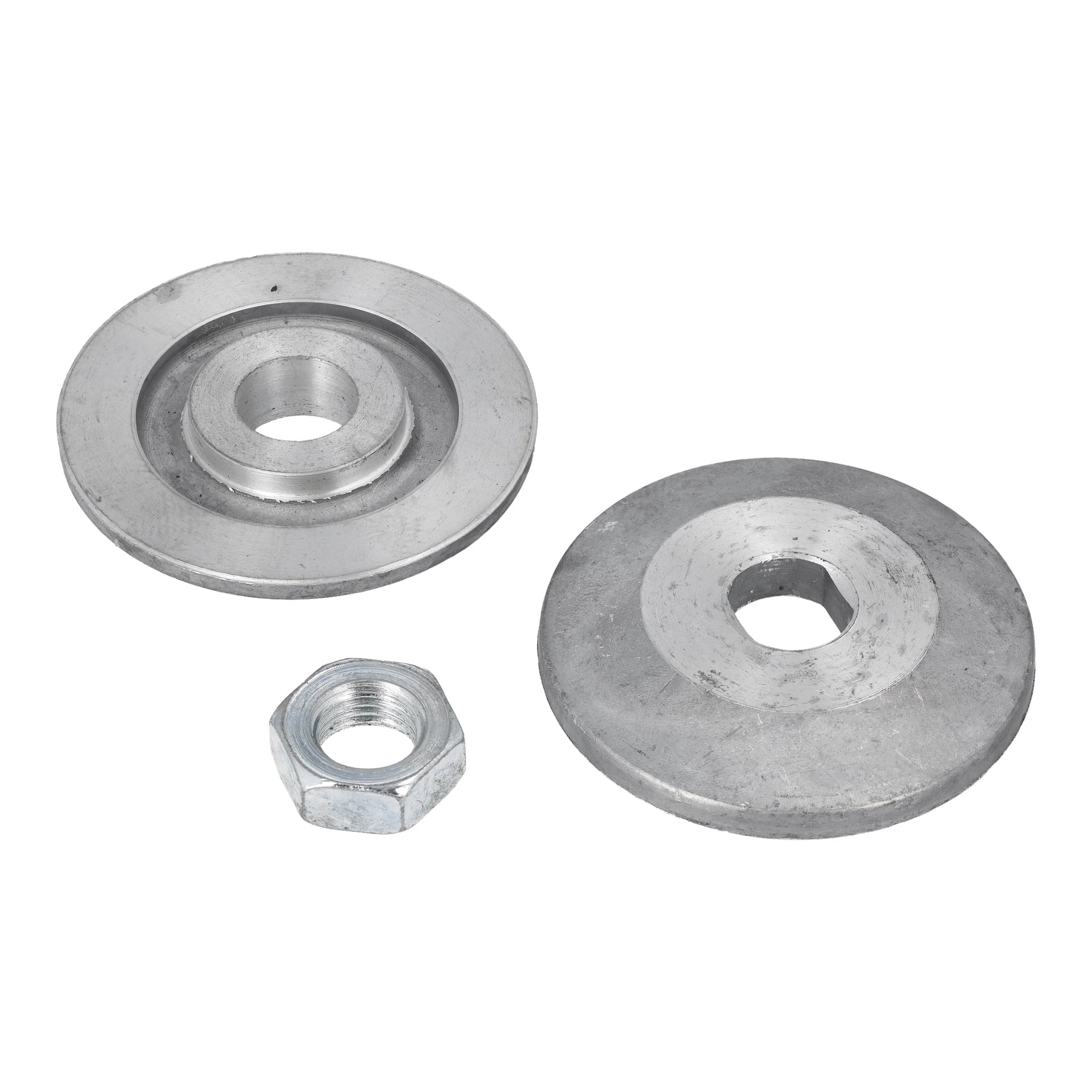 Blade Hold Set Tile Cut 024288 innehåller två runda metallbrickor med olika storlekar på hål och en hexagonall metallmutter.