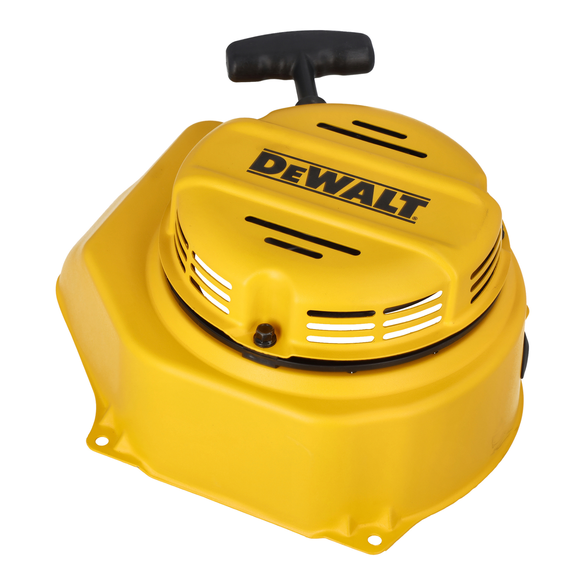 Starter F. 026523 är en gul DeWalt rekylstartmontering med draghandtag, svart logga och ventilationsspår.