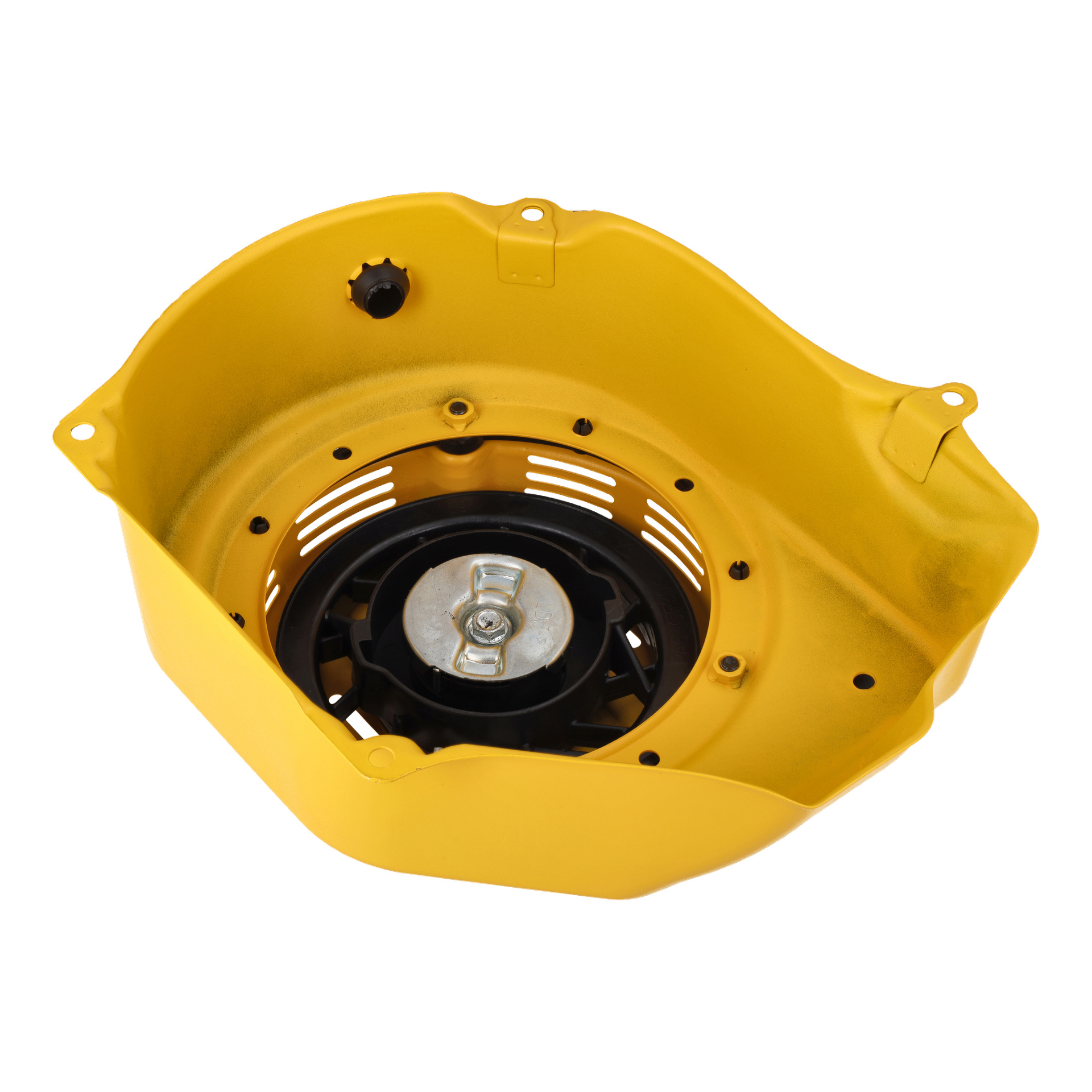 Närbild av Starter F. 026523, som visar en gul metall rekylstarter med svart mitt, silverbeslag och slitsade ventiler.
